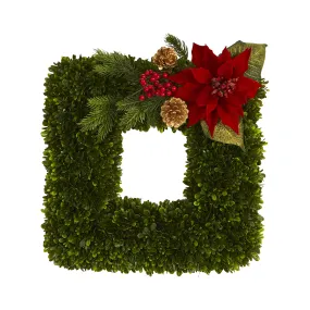 16" Tea Leaf and Poinsettia Artificial Square Wreath