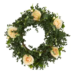 18” Eucalyptus and Camellia Double Ring Artificial Wreath with Twig Base