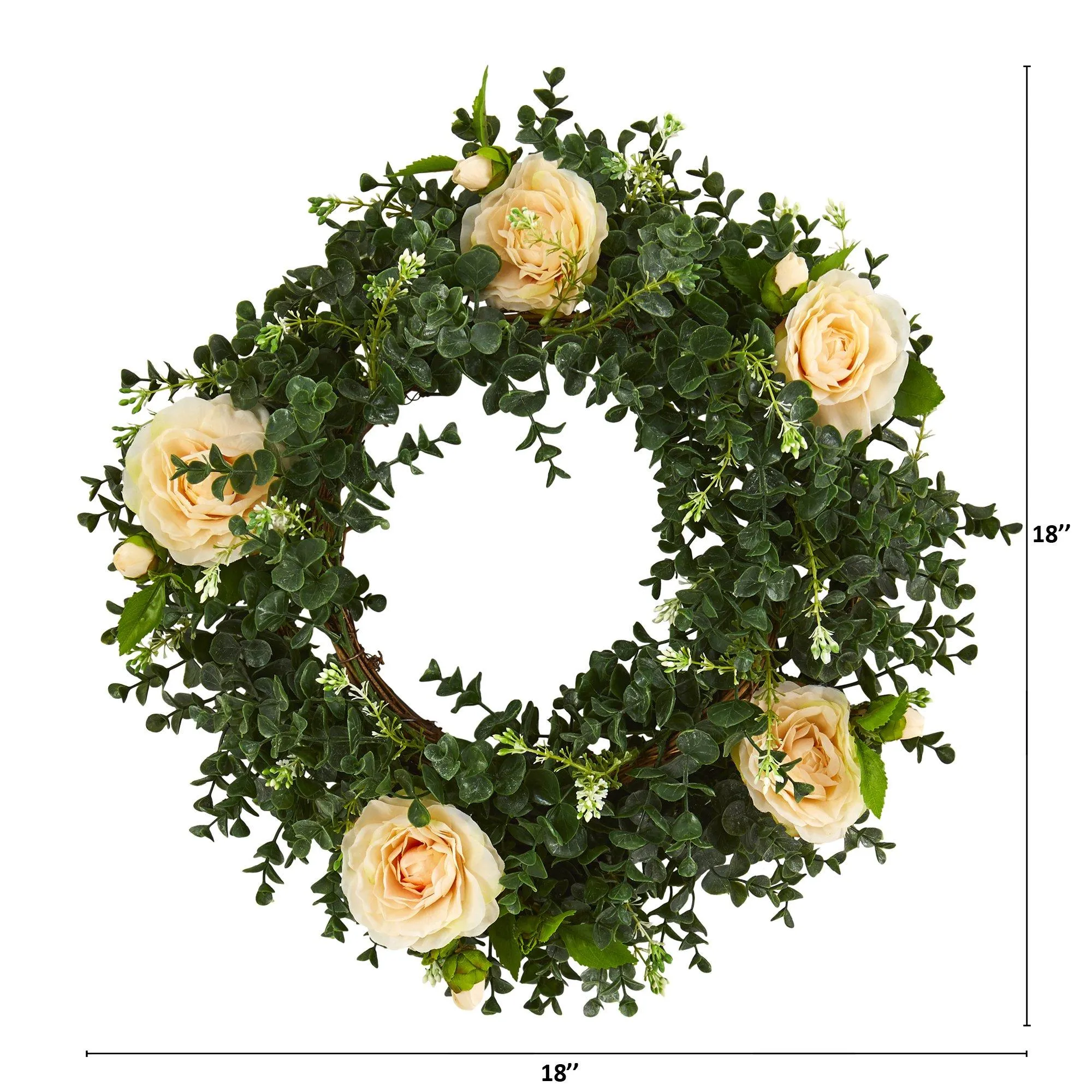 18” Eucalyptus and Camellia Double Ring Artificial Wreath with Twig Base