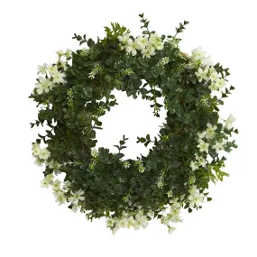 18” Eucalyptus and Dancing Daisy Double Ring Artificial Wreath with Twig Base