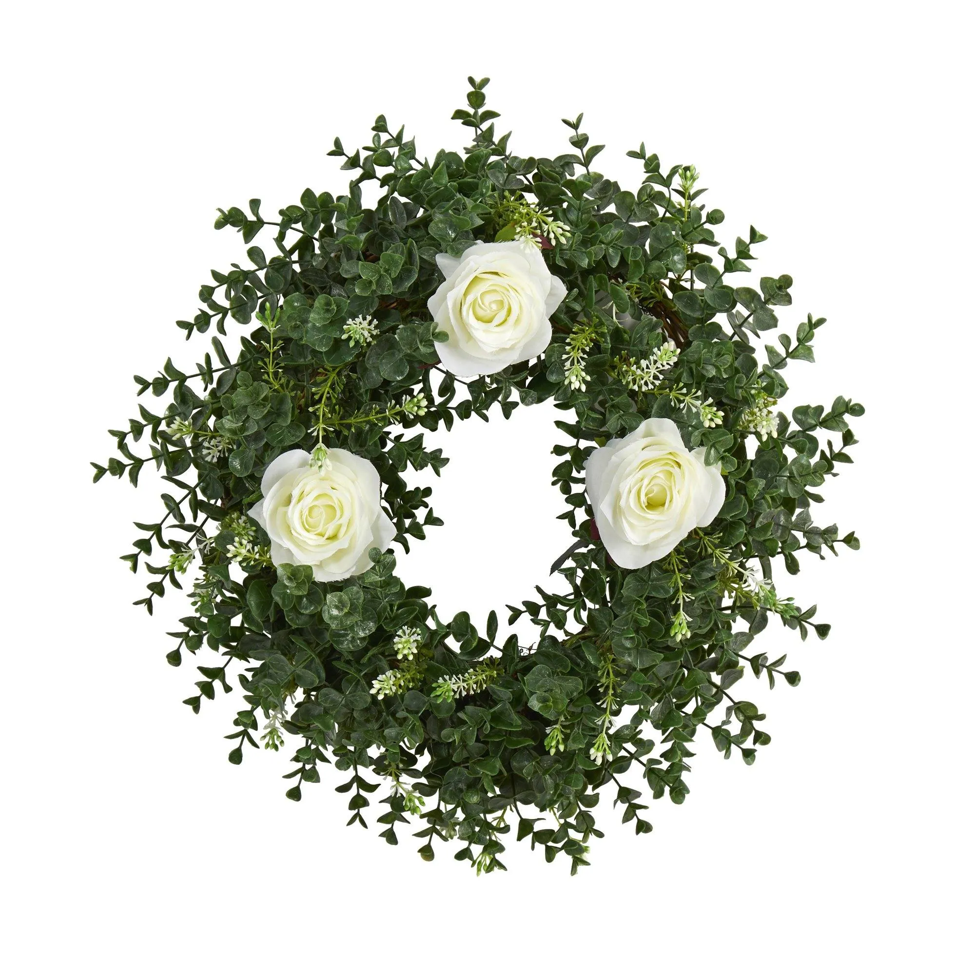 18” Eucalyptus and Rose Double Ring Artificial Wreath with Twig Base