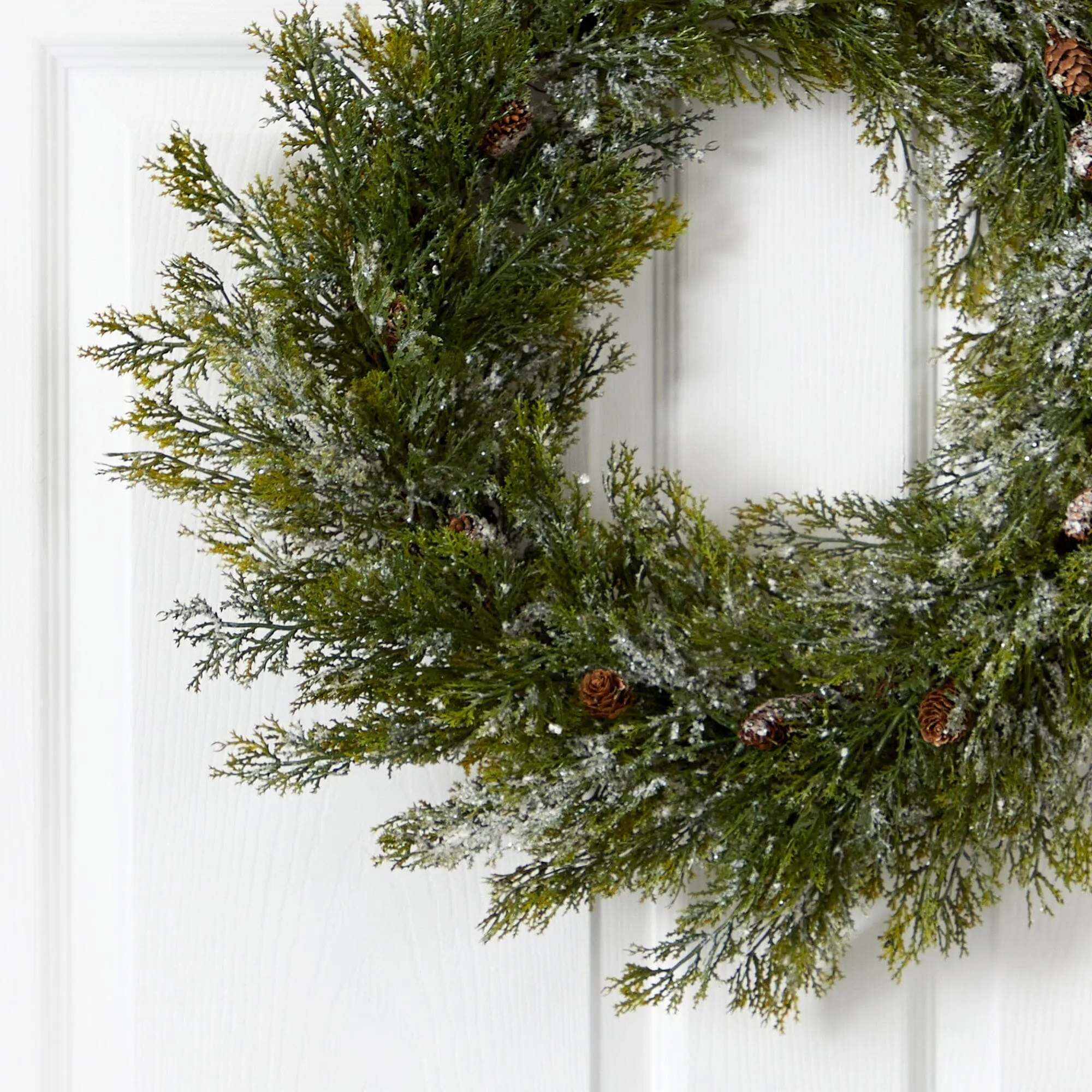 20” Snowed Artificial Cedar Wreath with Pine Cones