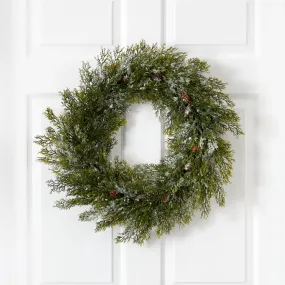 20” Snowed Artificial Cedar Wreath with Pine Cones