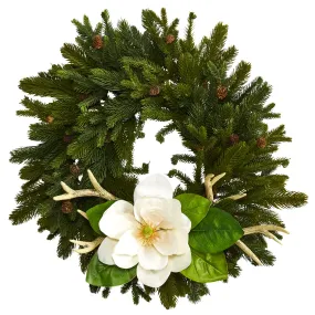 22" Pine, Pinecone, Magnolia and Antler Artificial Wreath