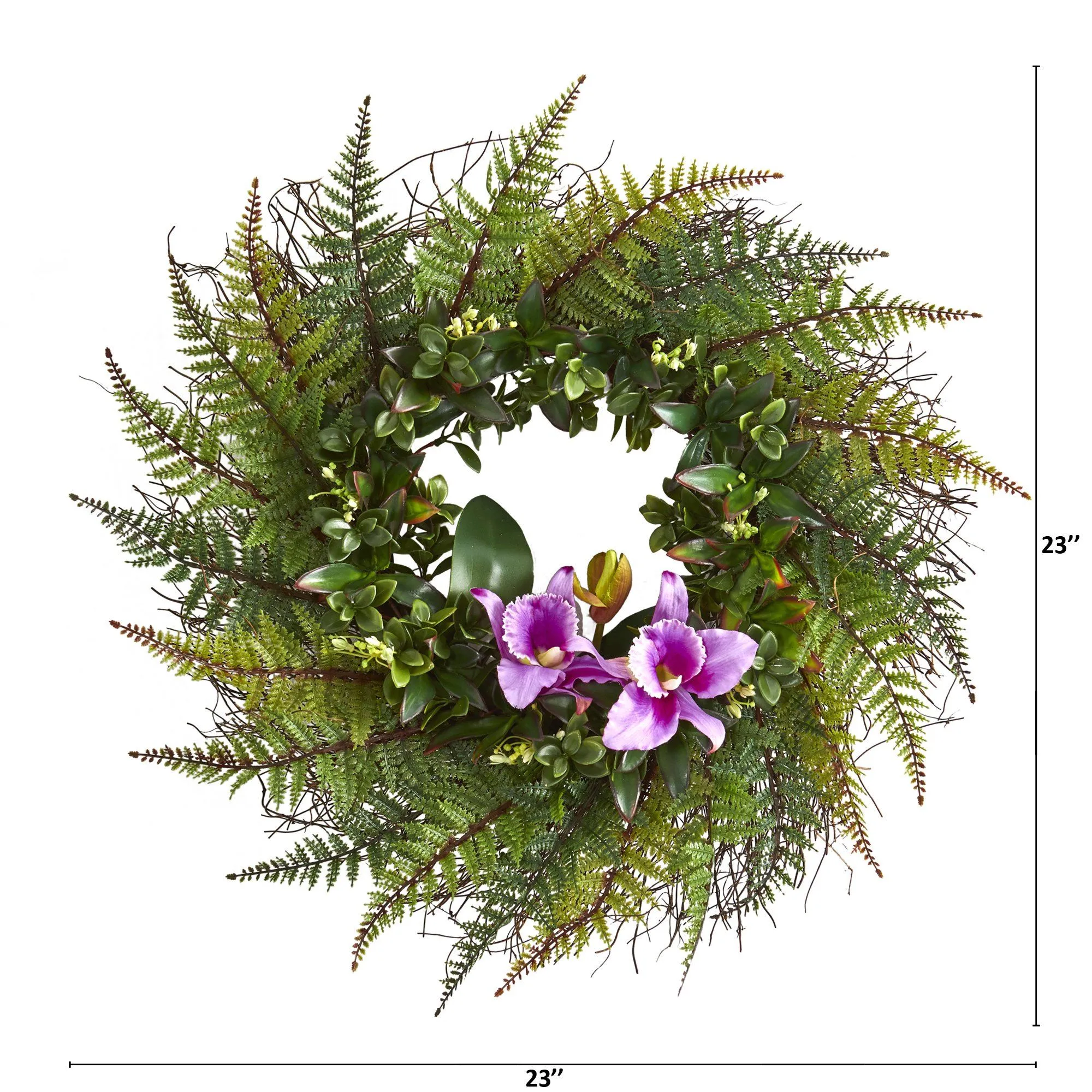 23” Assorted Fern and Cattleya Orchid Artificial Wreath