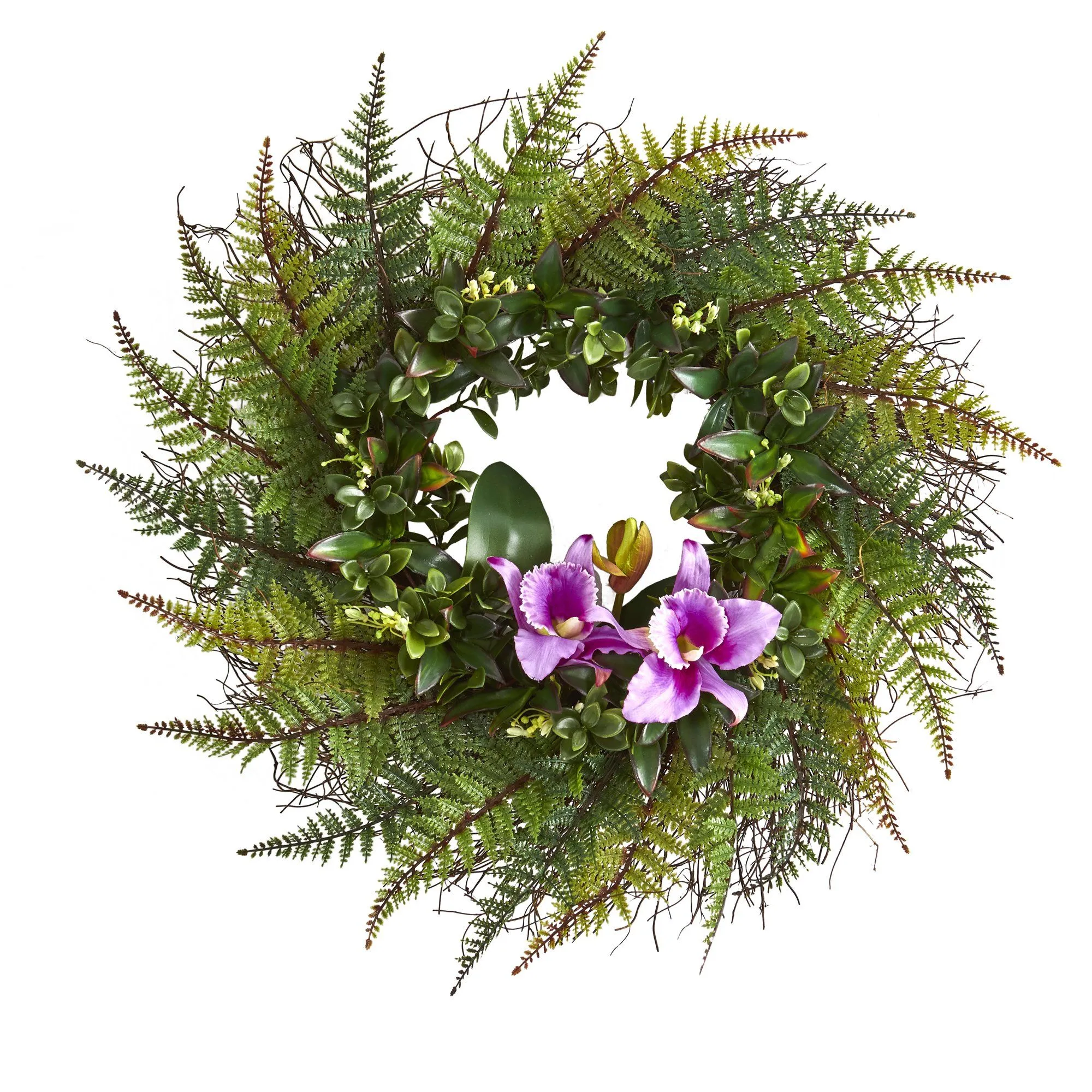 23” Assorted Fern and Cattleya Orchid Artificial Wreath