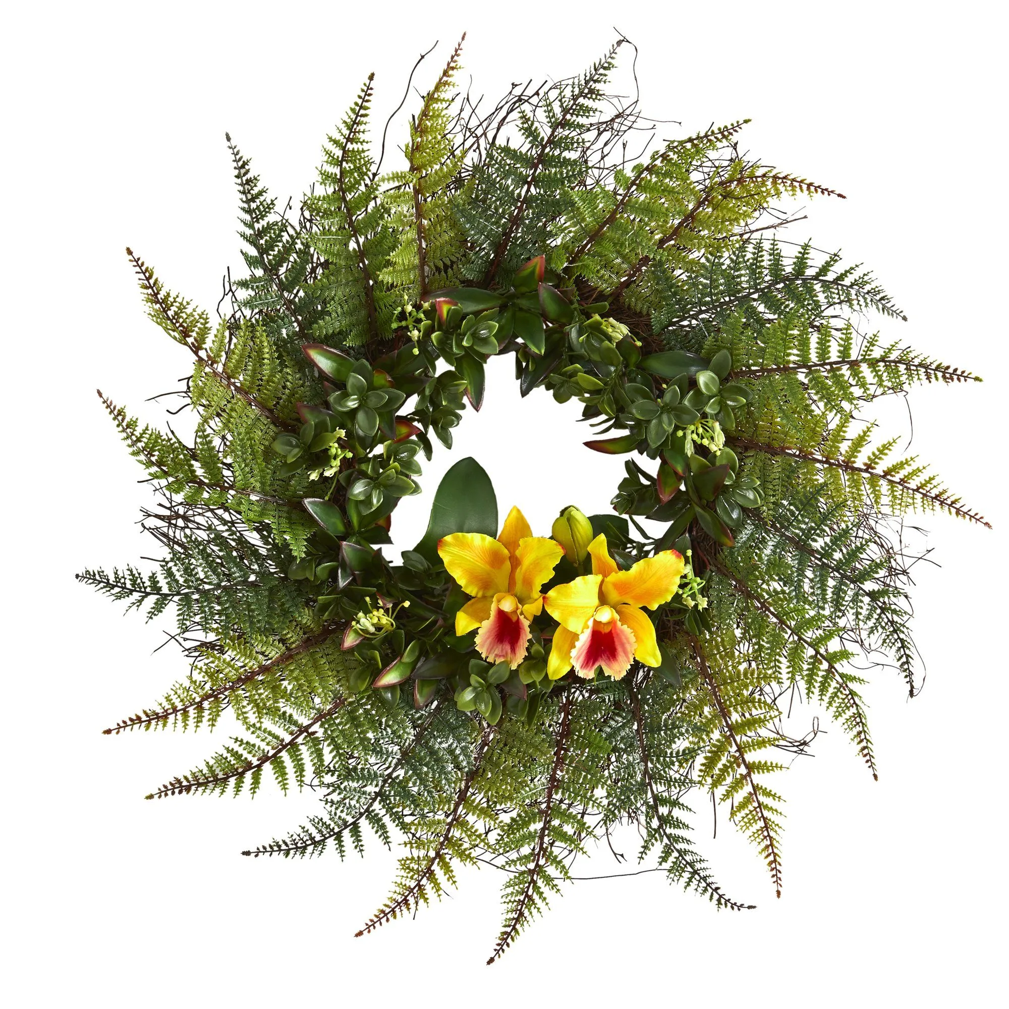 23” Assorted Fern and Cattleya Orchid Artificial Wreath