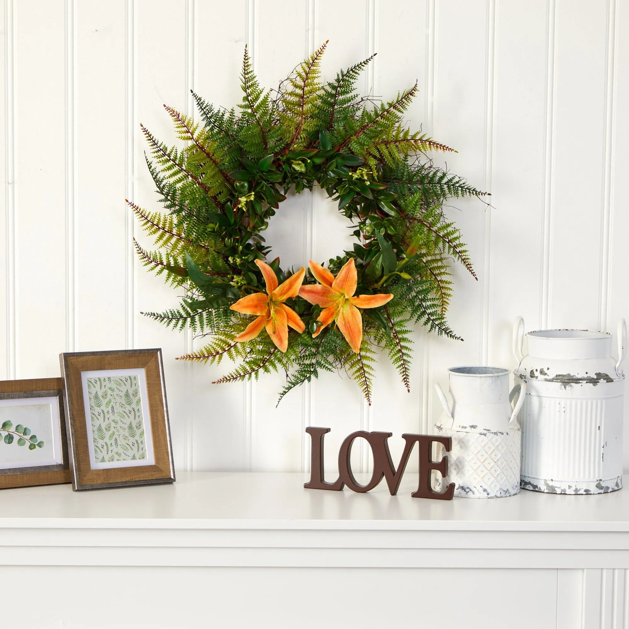 23” Assorted Fern and Lily Artificial Wreath