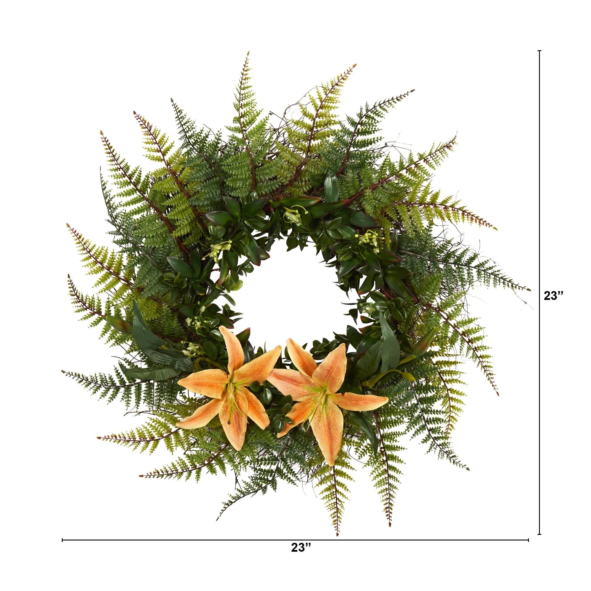 23” Assorted Fern and Lily Artificial Wreath