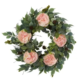 23” Mixed Greens and Peony Artificial Wreath