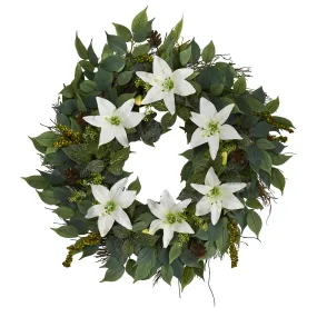 23” Mixed Ruscus, Lily, Fittonia and Berries Artificial Wreath