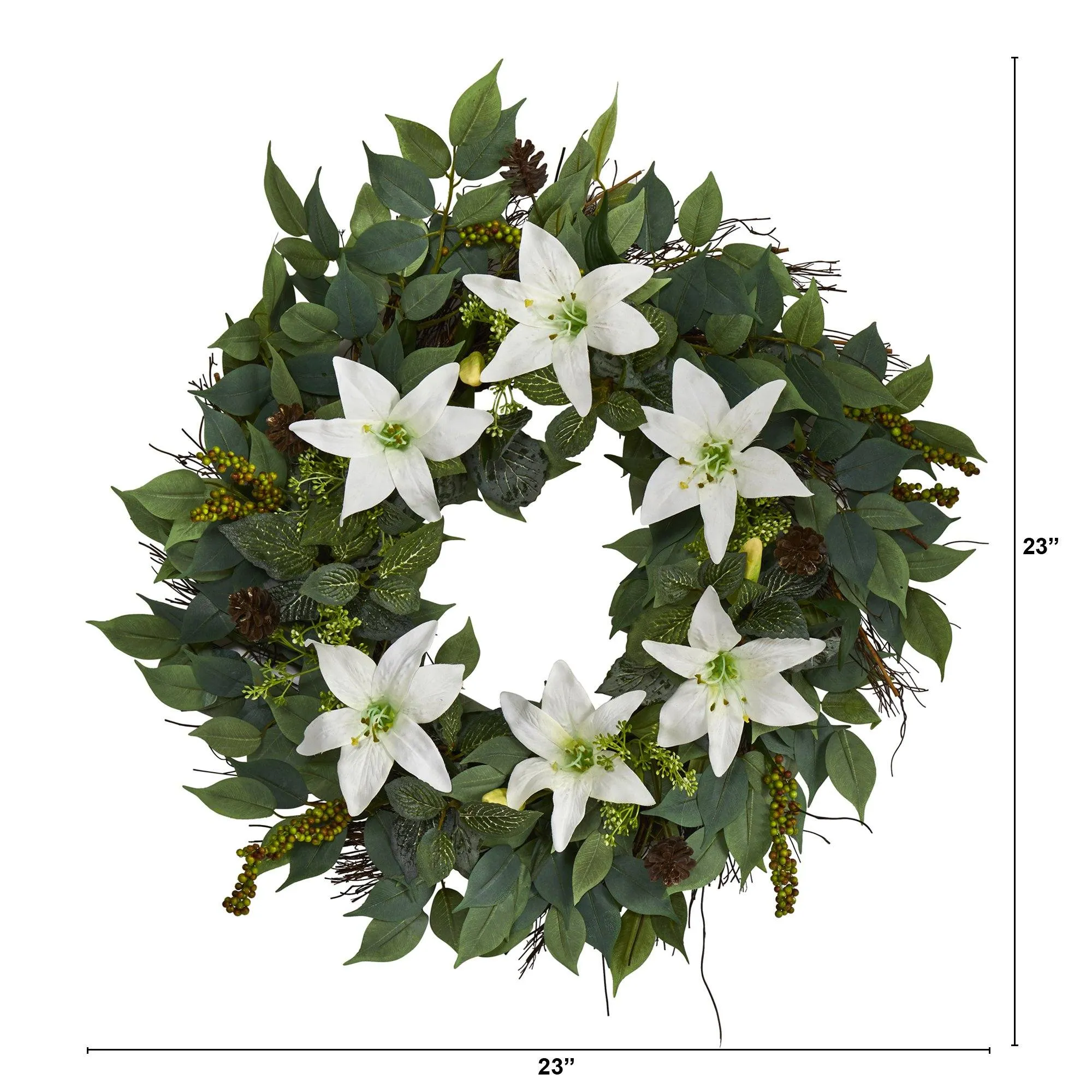 23” Mixed Ruscus, Lily, Fittonia and Berries Artificial Wreath