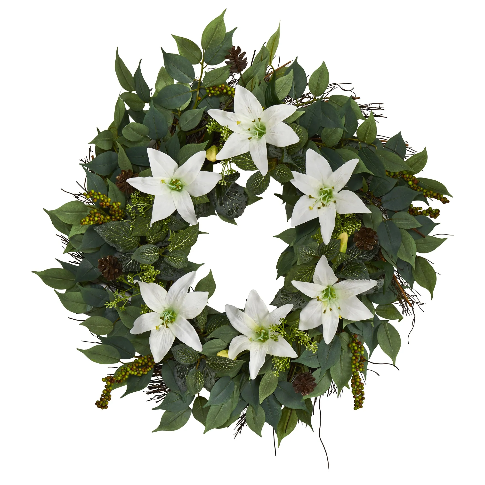 23" Mixed Ruscus, Lily, Fittonia and Berries Artificial Wreath