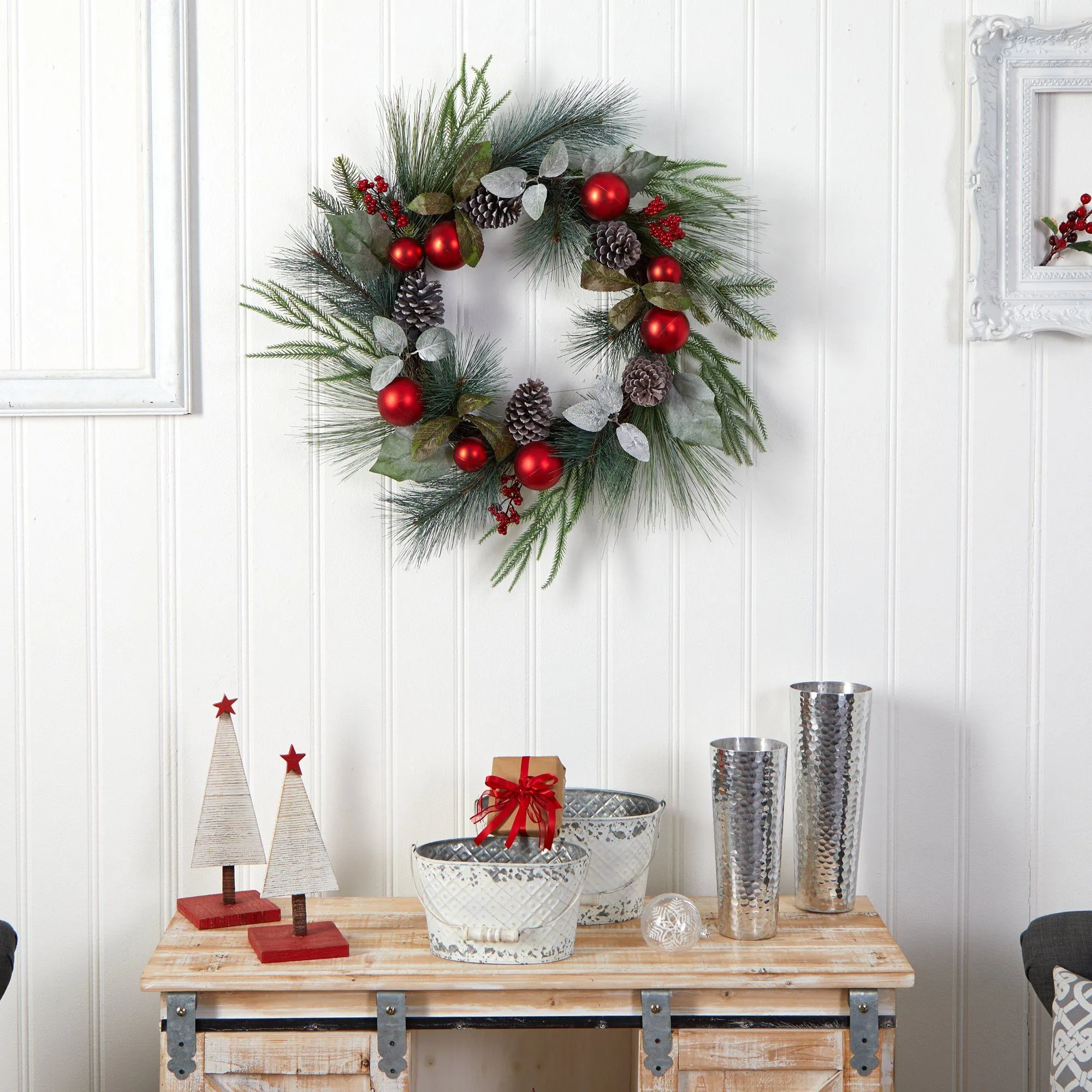 24” Assorted Pine, Pinecone and Berry Artificial Christmas Wreath with Red Ornaments