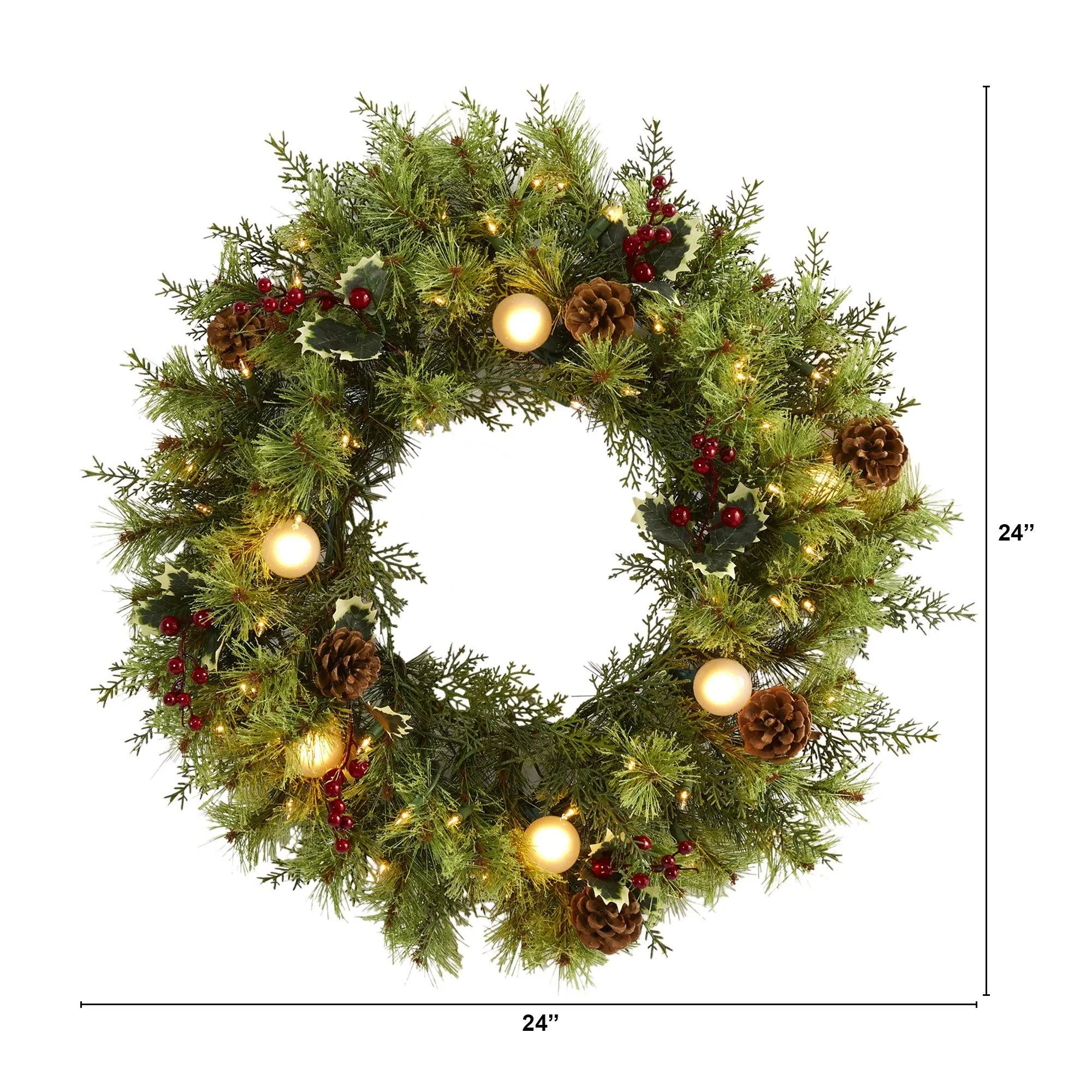 24” Christmas Artificial Wreath with 50 White Warm Lights, 7 Globe Bulbs, Berries and Pine Cones