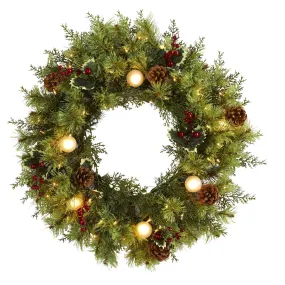 24” Christmas Artificial Wreath with 50 White Warm Lights, 7 Globe Bulbs, Berries and Pine Cones