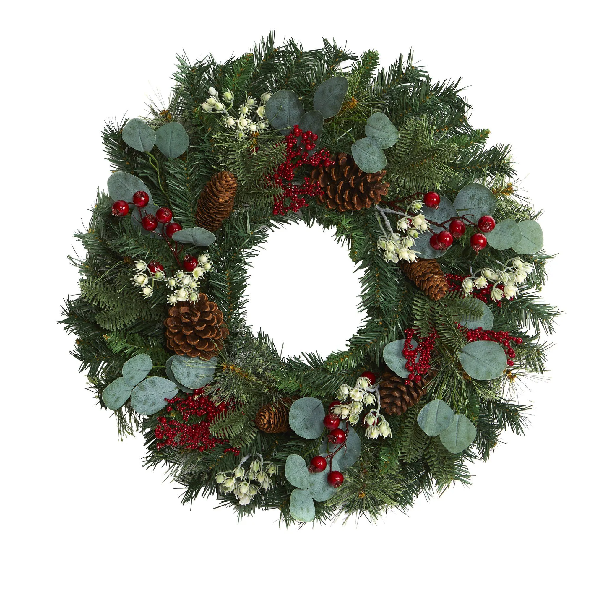 24” Eucalyptus and Pine Artificial Wreath with Berries and Pine Cones