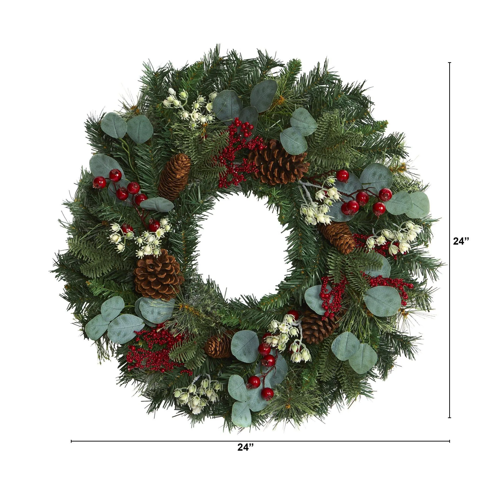 24” Eucalyptus and Pine Artificial Wreath with Berries and Pine Cones