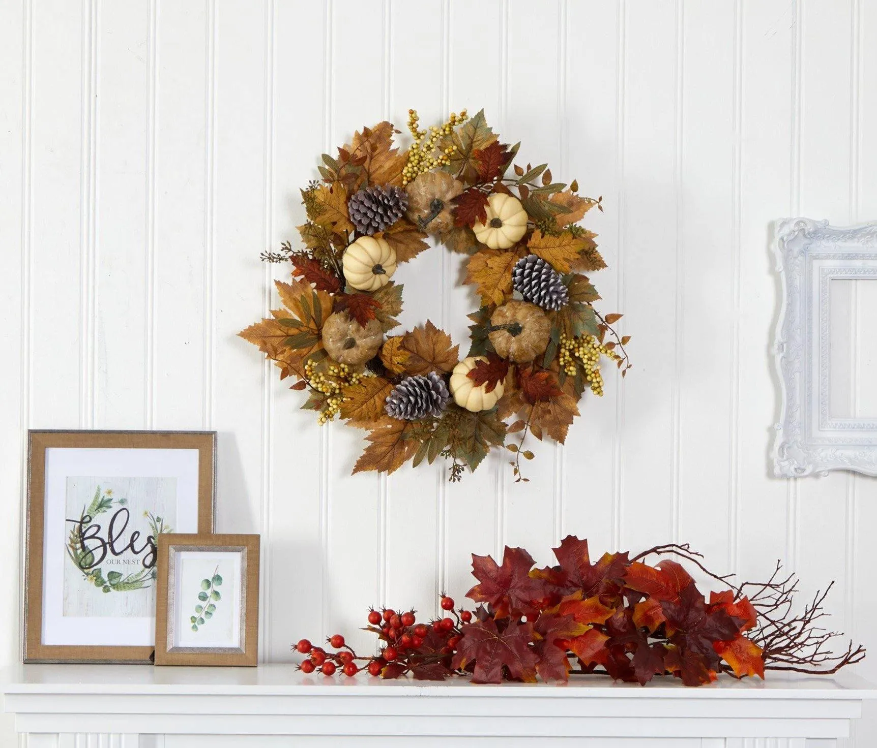 24” Fall Pumpkins, Pine Cones and Berries Artificial Wreath