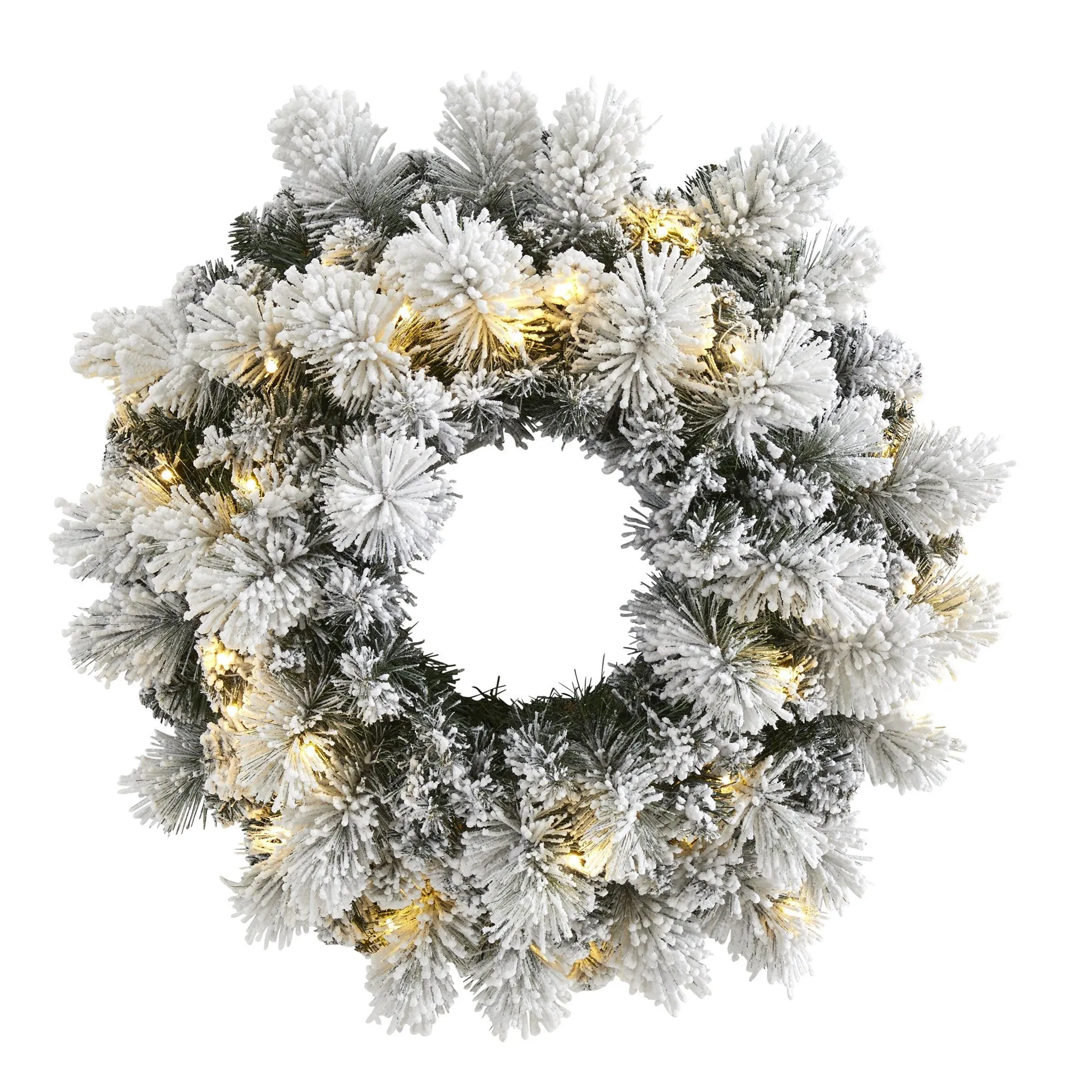 24” Flocked Artificial Christmas Wreath with 30 Warm White LED Lights and 135 Bendable Branches