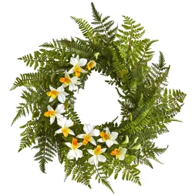 24” Mixed Fern and Dendrobium Orchid Artificial Wreath