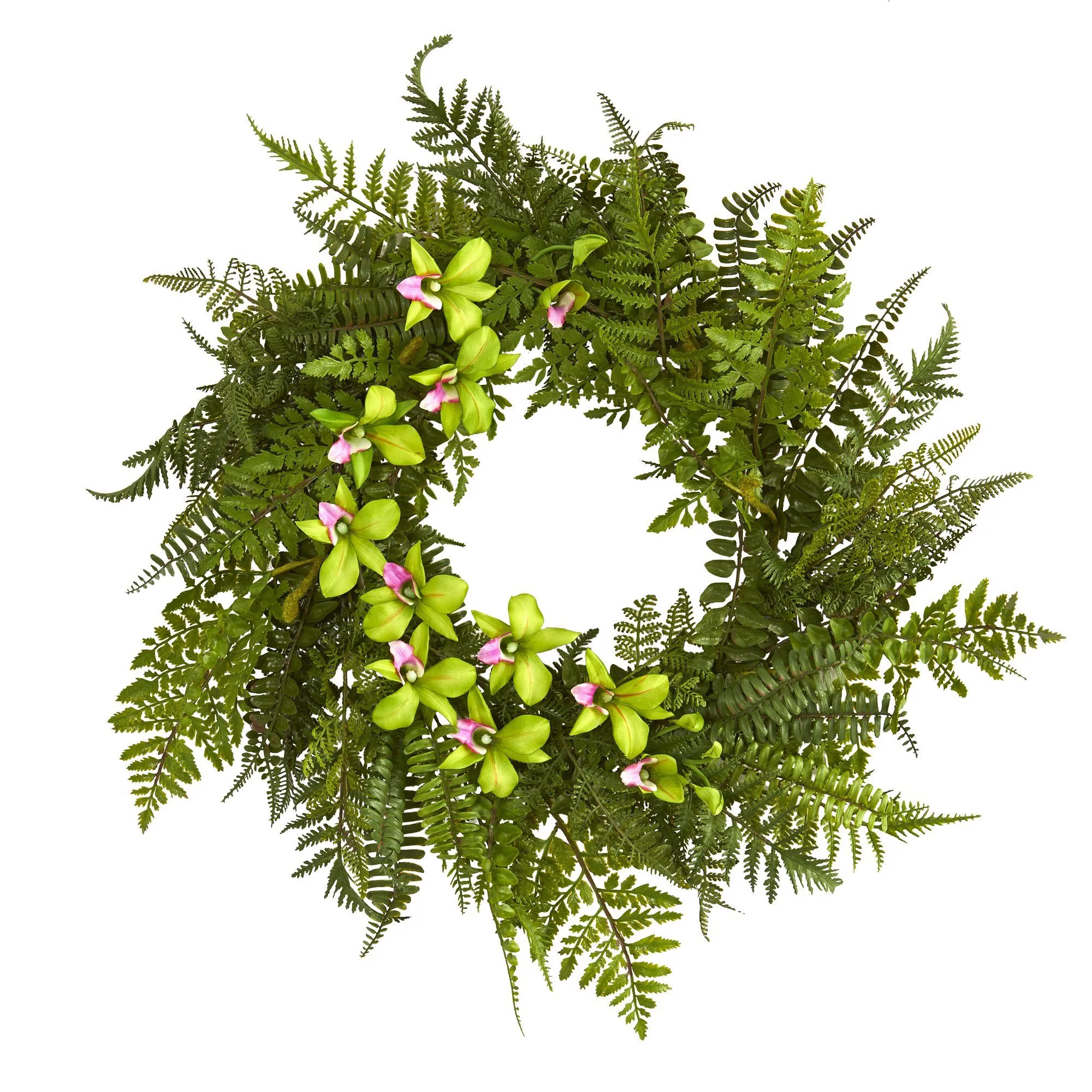 24” Mixed Fern and Dendrobium Orchid Artificial Wreath