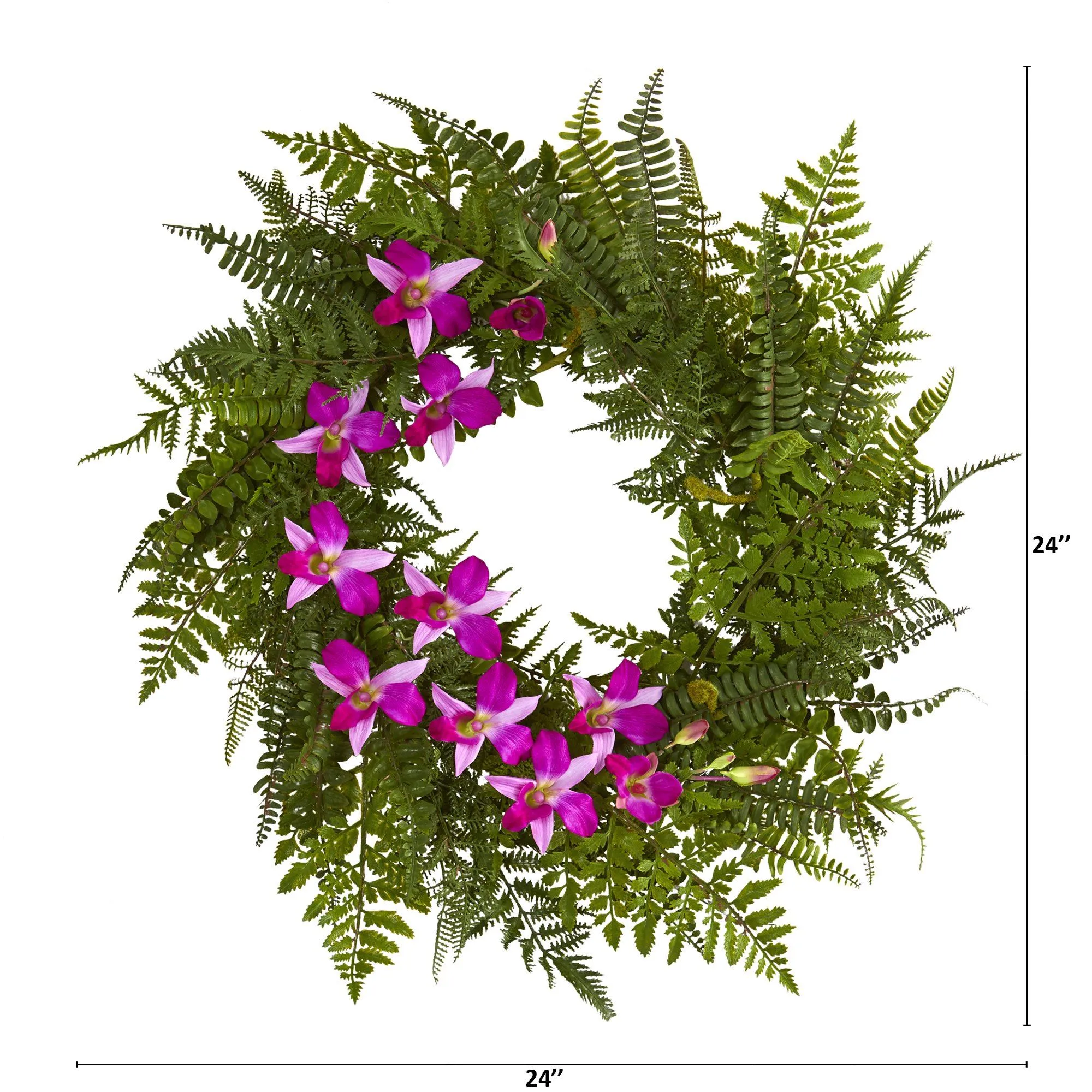 24” Mixed Fern and Dendrobium Orchid Artificial Wreath