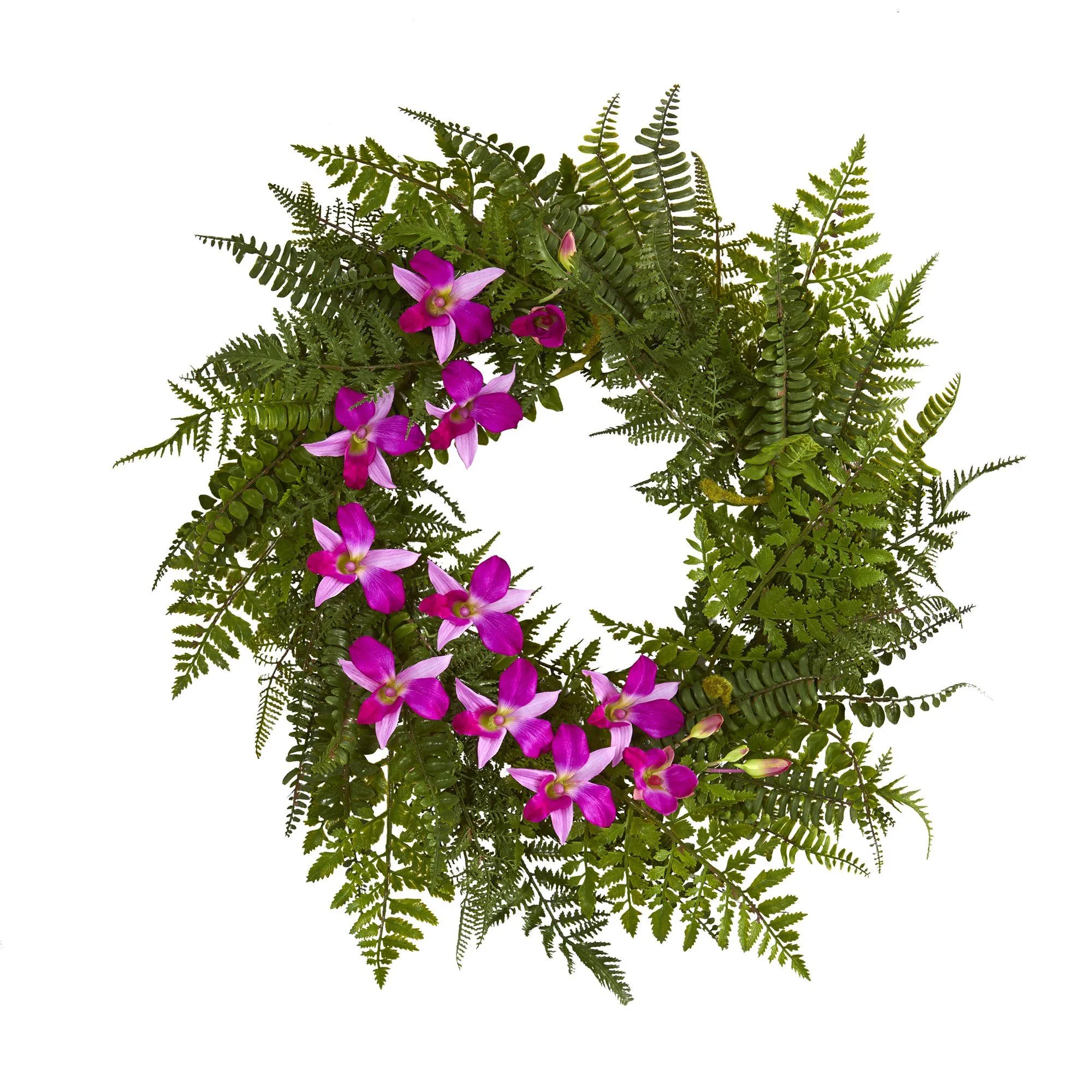 24” Mixed Fern and Dendrobium Orchid Artificial Wreath