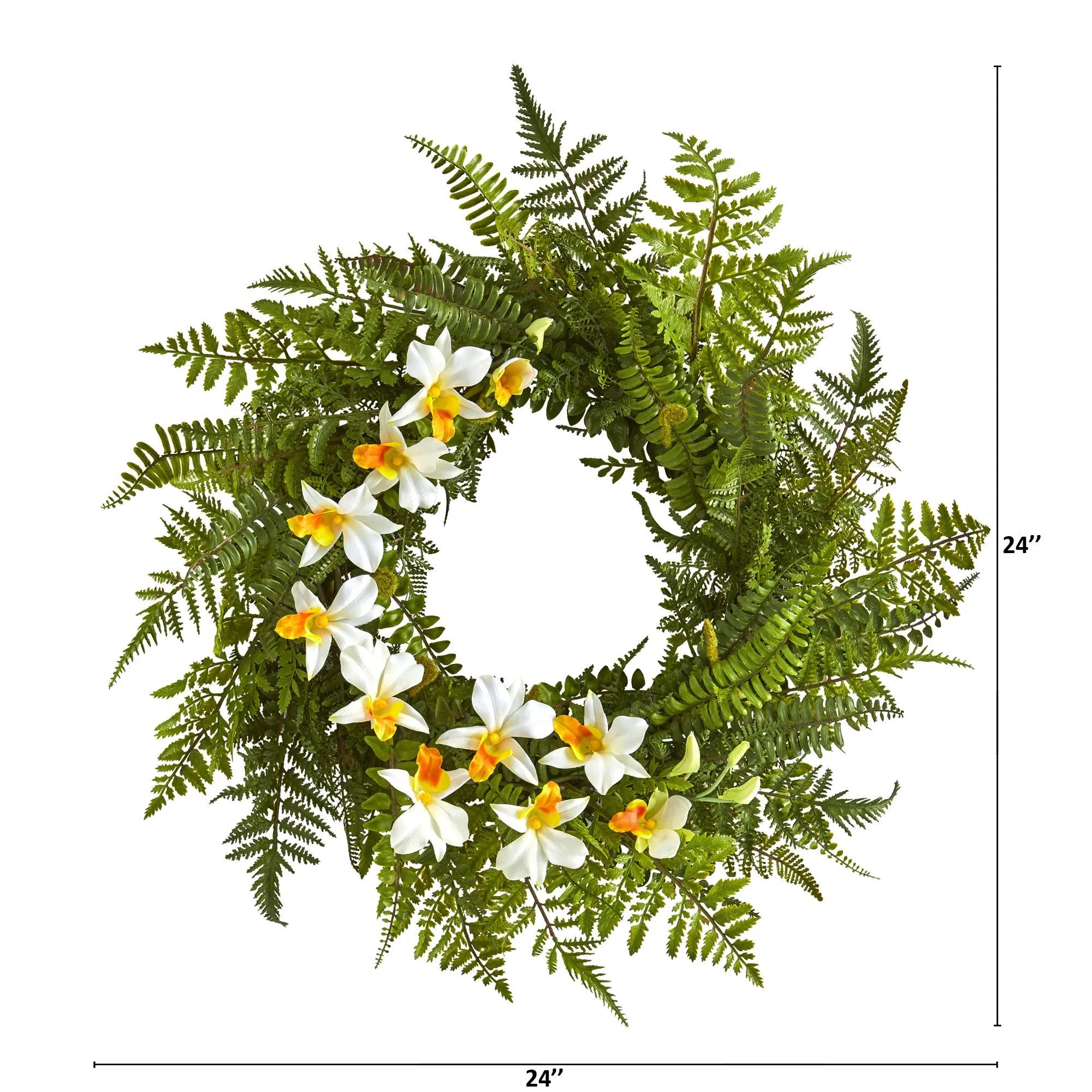 24” Mixed Fern and Dendrobium Orchid Artificial Wreath