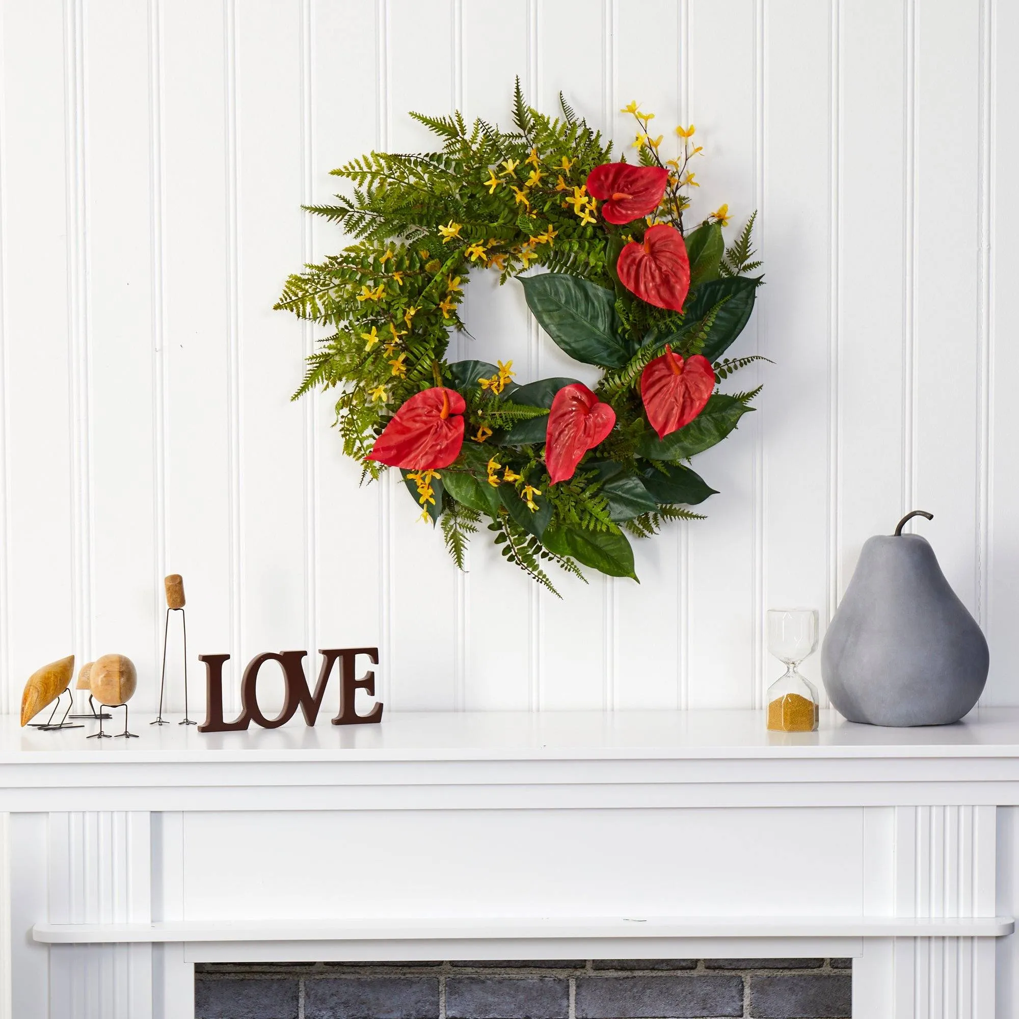 24” Mixed Fern, Anthurium and Forsythia Artificial Wreath