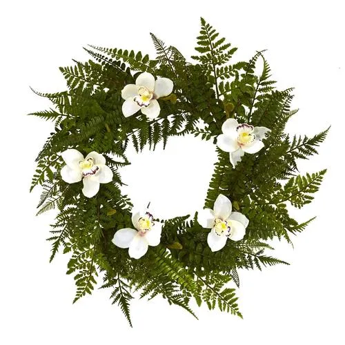 24" Mixed Fern and Cymbidium Orchid Artificial Wreath