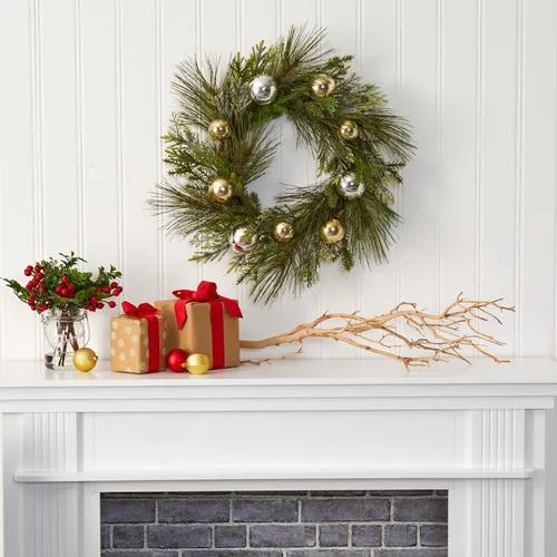 26" Sparkling Pine Artificial Wreath with Decorative Ornaments