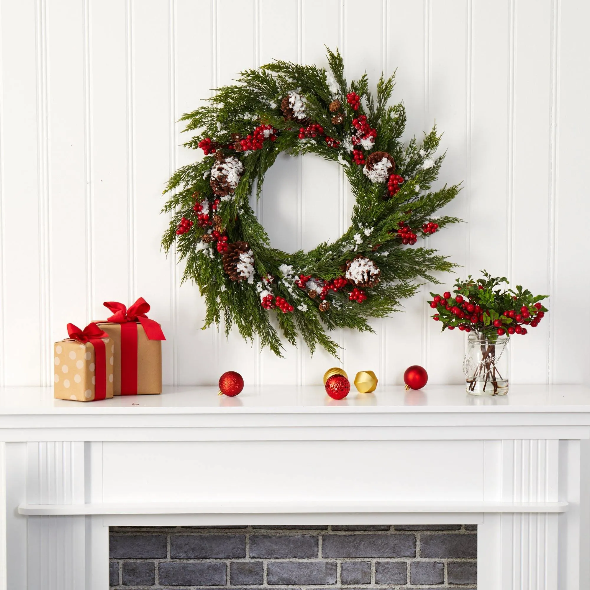 28'' Frosted Cypress with Berries and Pine Cones Artificial Wreath