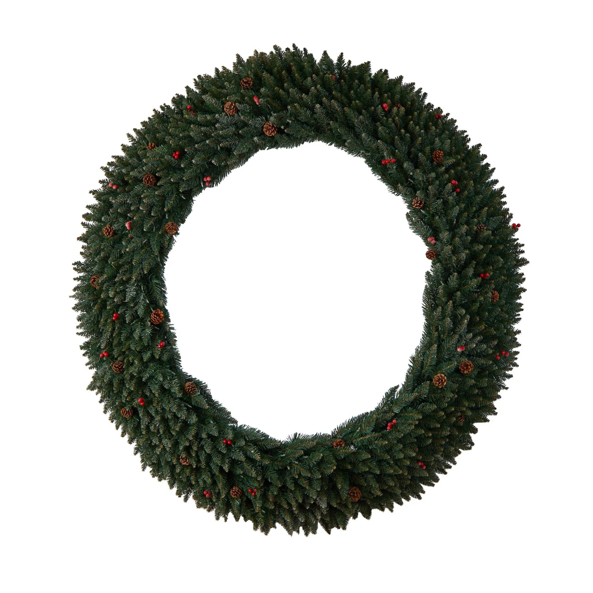 6’ Large Flocked Wreath with Pinecones, Berries, 600 Clear LED Lights and 1080 Bendable Branches