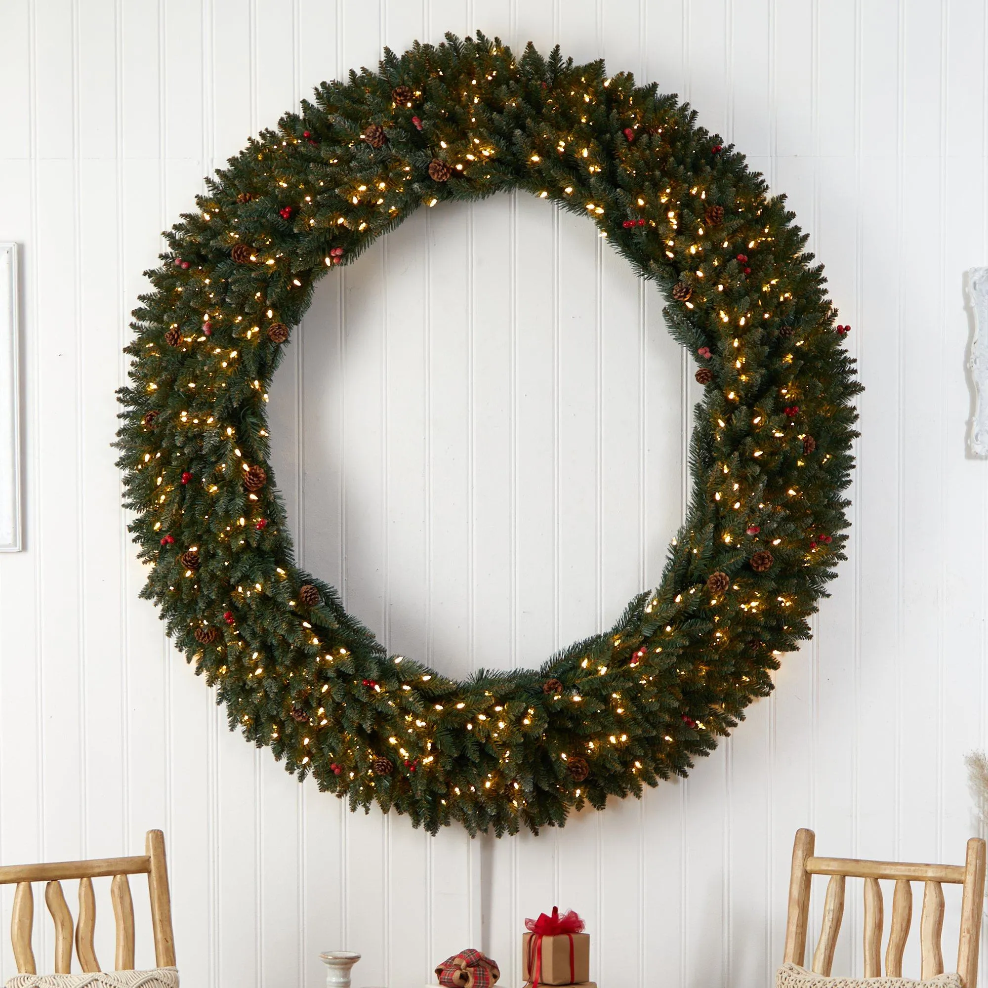 6’ Large Flocked Wreath with Pinecones, Berries, 600 Clear LED Lights and 1080 Bendable Branches