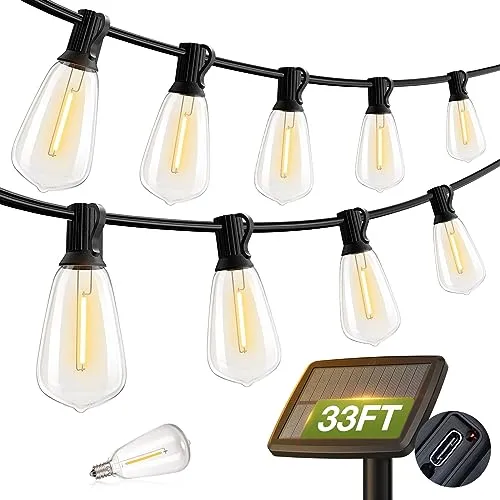 addlon 33(27 6) FT Solar String Lights Waterproof,Patio Lights Solar Powered with Remote& USB Port 12 1 LED Shatterproof Bulbs 3 Lighting Modes Outdoor Lights for Camping Backyard Garden