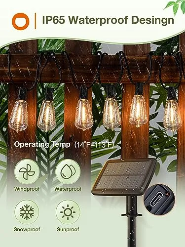 addlon 33(27 6) FT Solar String Lights Waterproof,Patio Lights Solar Powered with Remote& USB Port 12 1 LED Shatterproof Bulbs 3 Lighting Modes Outdoor Lights for Camping Backyard Garden