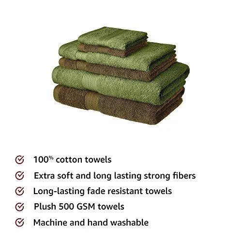 Amazon Brand - Solimo 100% Cotton 6 Piece Towel Set, 500 GSM (Brown and Olive Green)