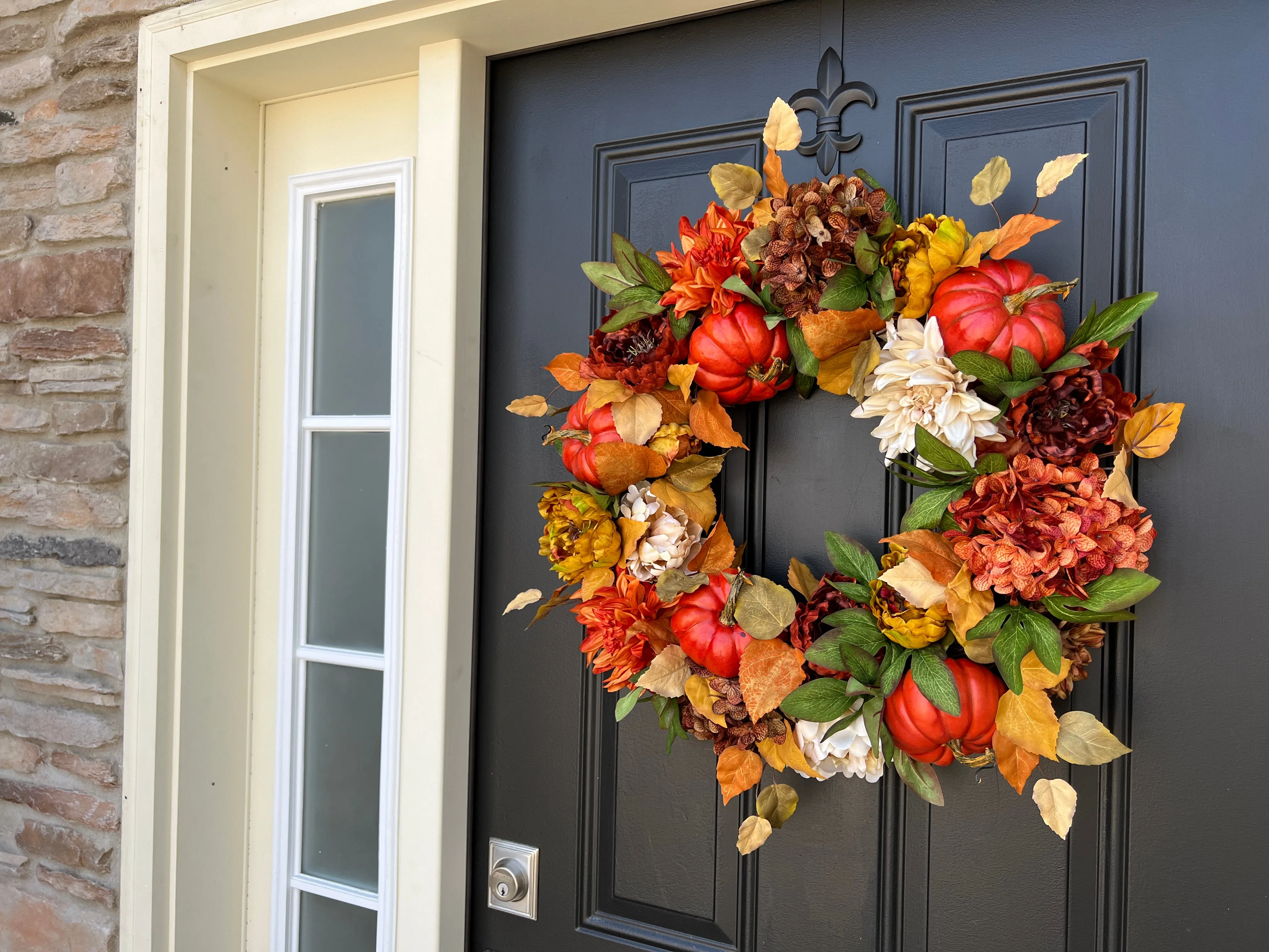 Autumn Sunset Wreath with Fall Flowers and Pumpkins