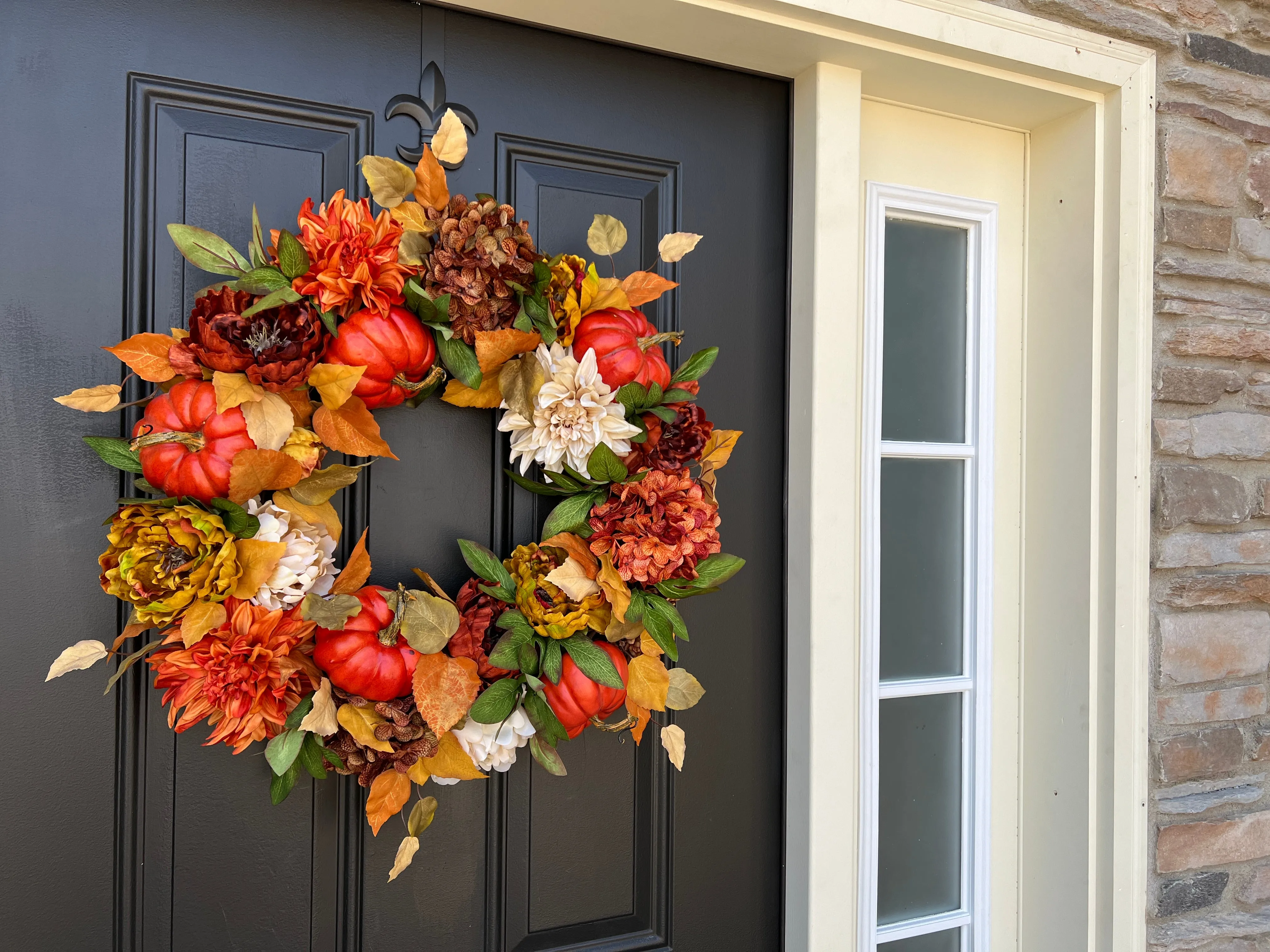 Autumn Sunset Wreath with Fall Flowers and Pumpkins