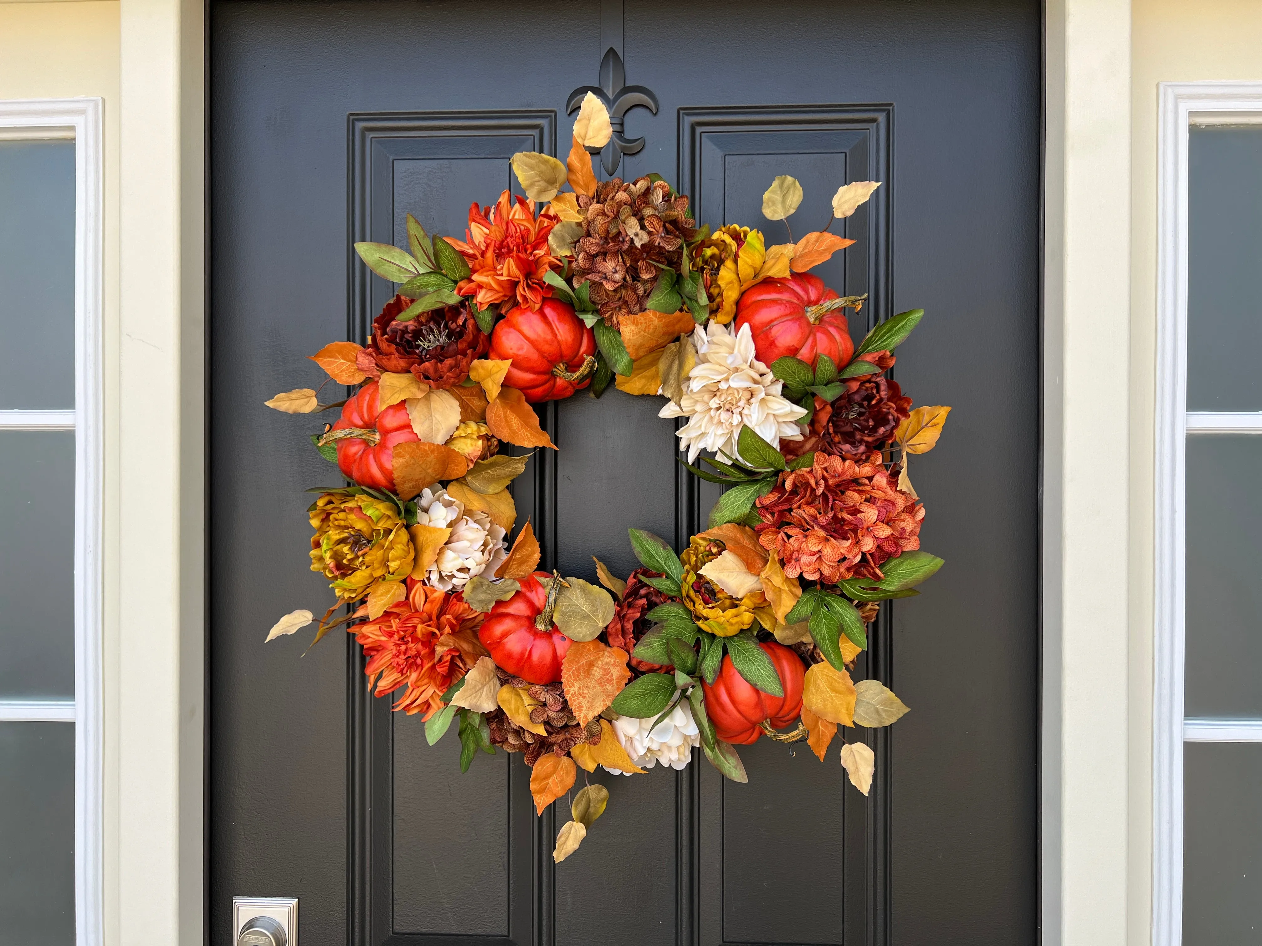 Autumn Sunset Wreath with Fall Flowers and Pumpkins