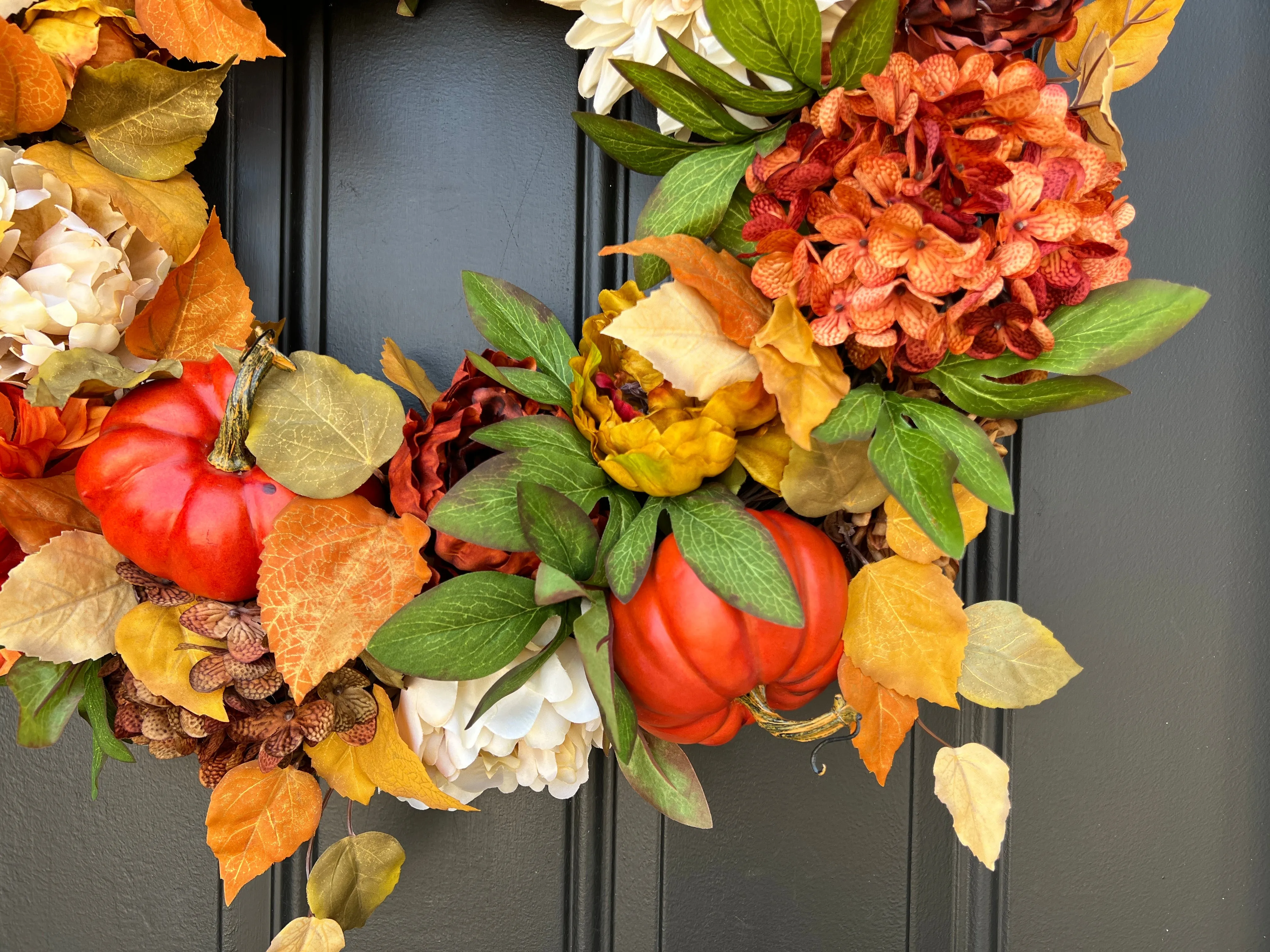 Autumn Sunset Wreath with Fall Flowers and Pumpkins