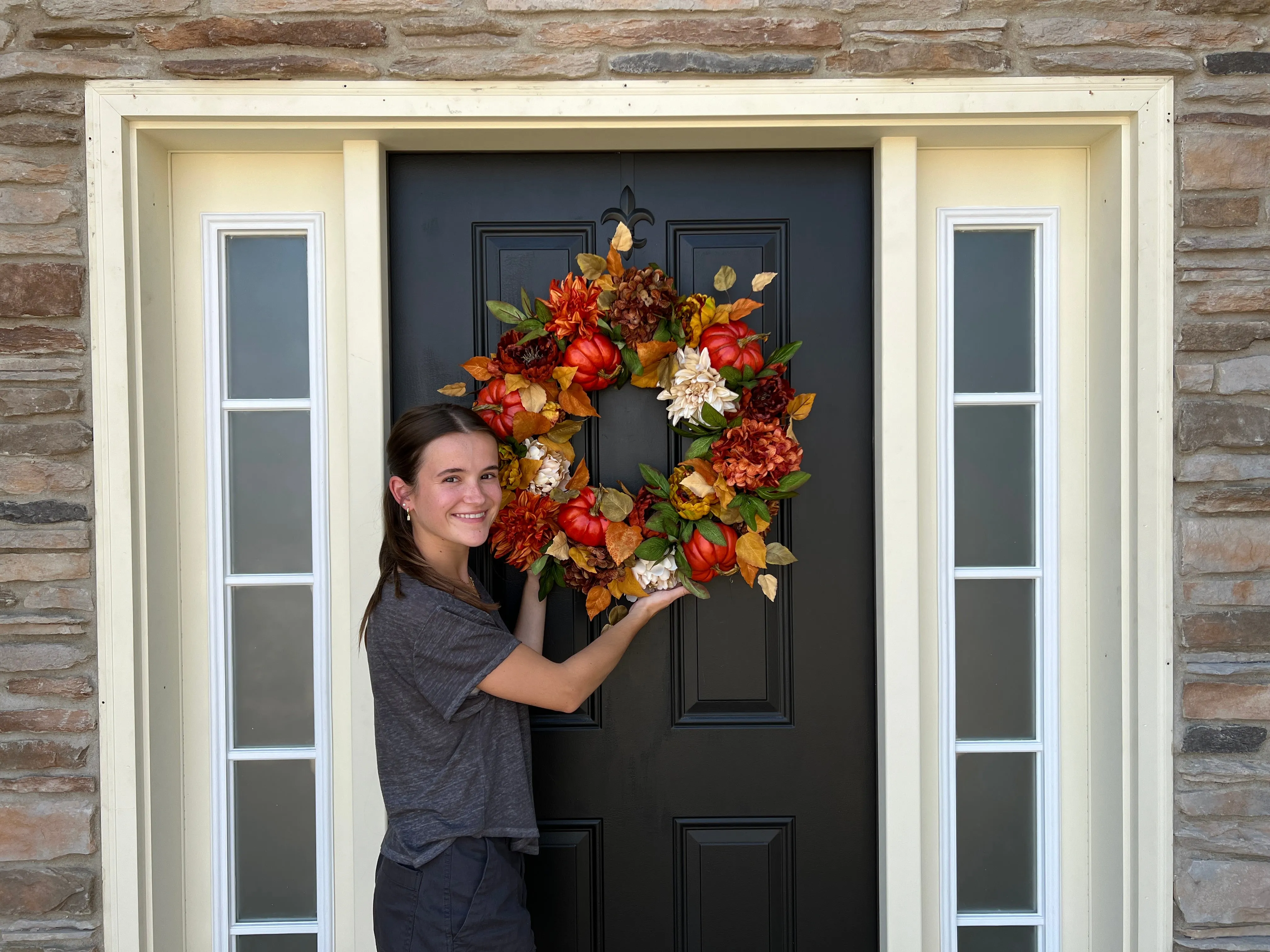 Autumn Sunset Wreath with Fall Flowers and Pumpkins