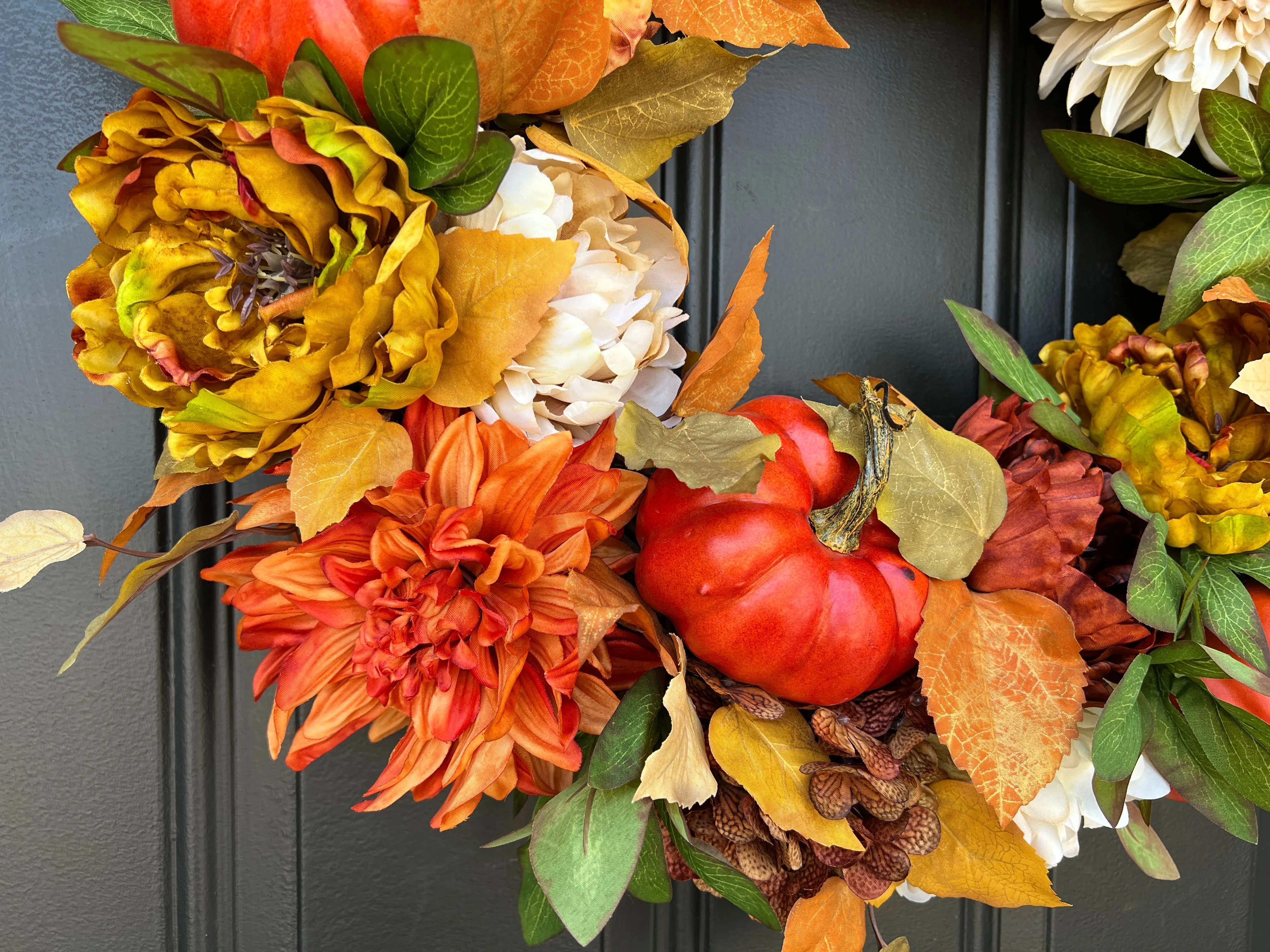 Autumn Sunset Wreath with Fall Flowers and Pumpkins