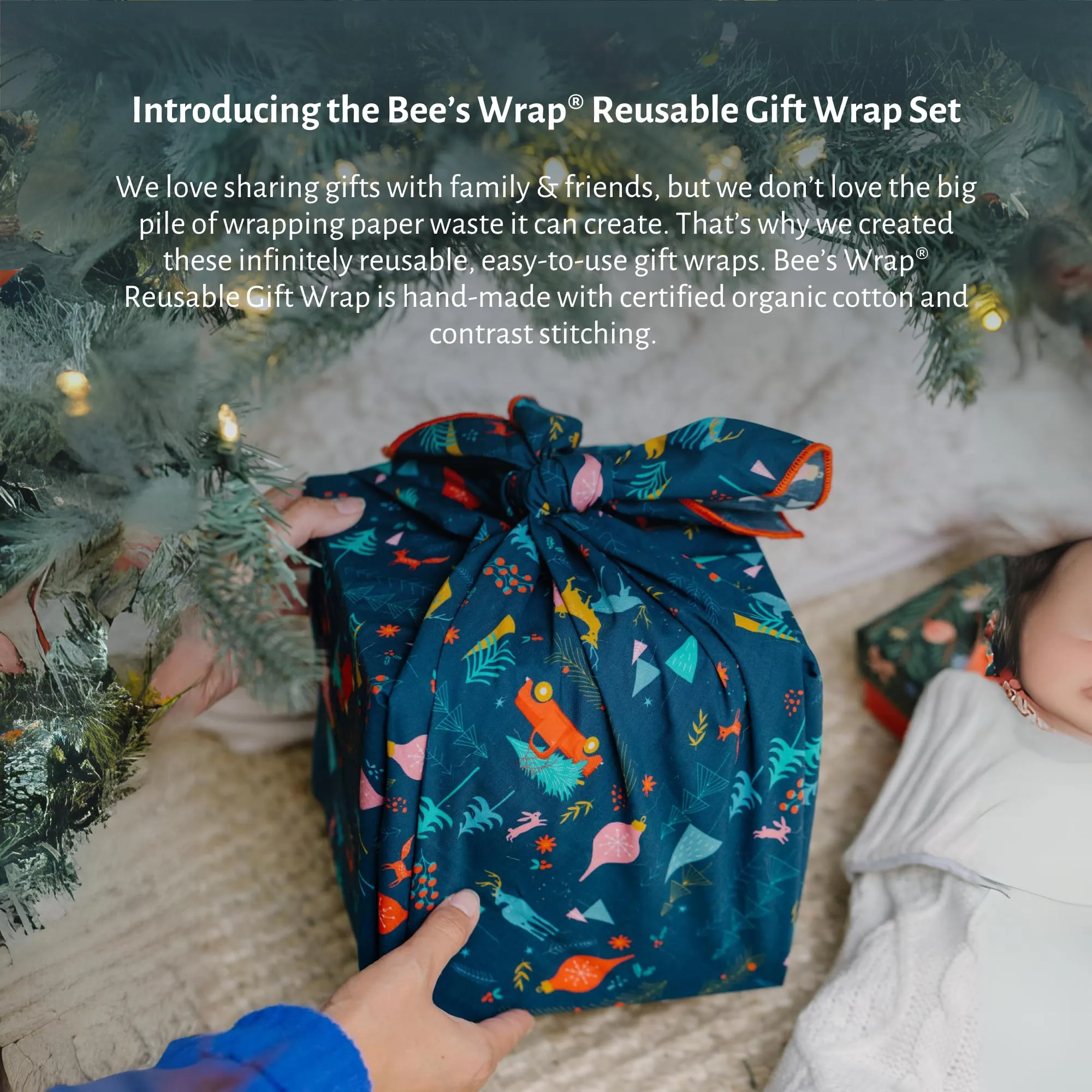 Bee's Wrap: Reusable Christmas Wrapping Paper – Organic Cotton (Pack of 4 - 2-S, 1-M, 1-L)