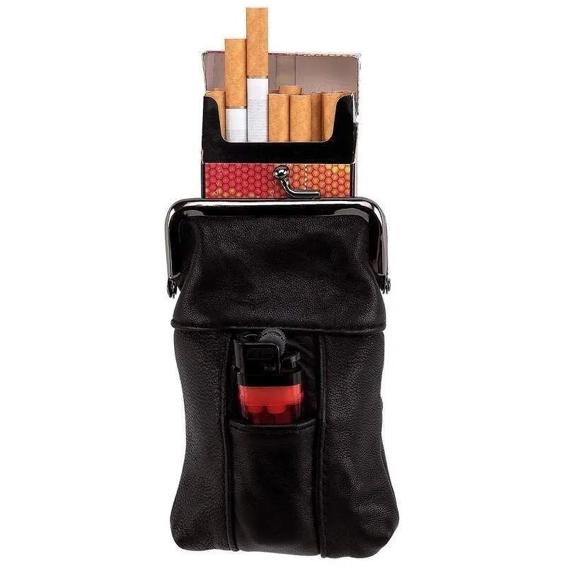 BLACK Genuine LEATHER LIGHTER & CIGARETTE CASE Smoke Tobacco Pocket Holder Pouch