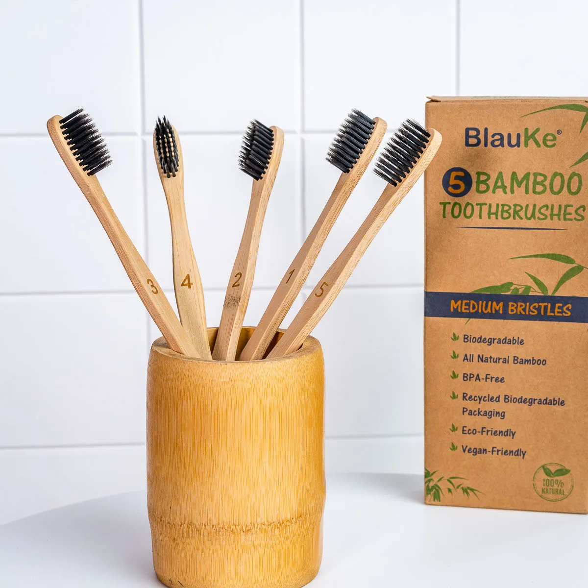 BlauKe Bamboo Toothbrush Set 5-Pack - Bamboo Toothbrushes with Medium