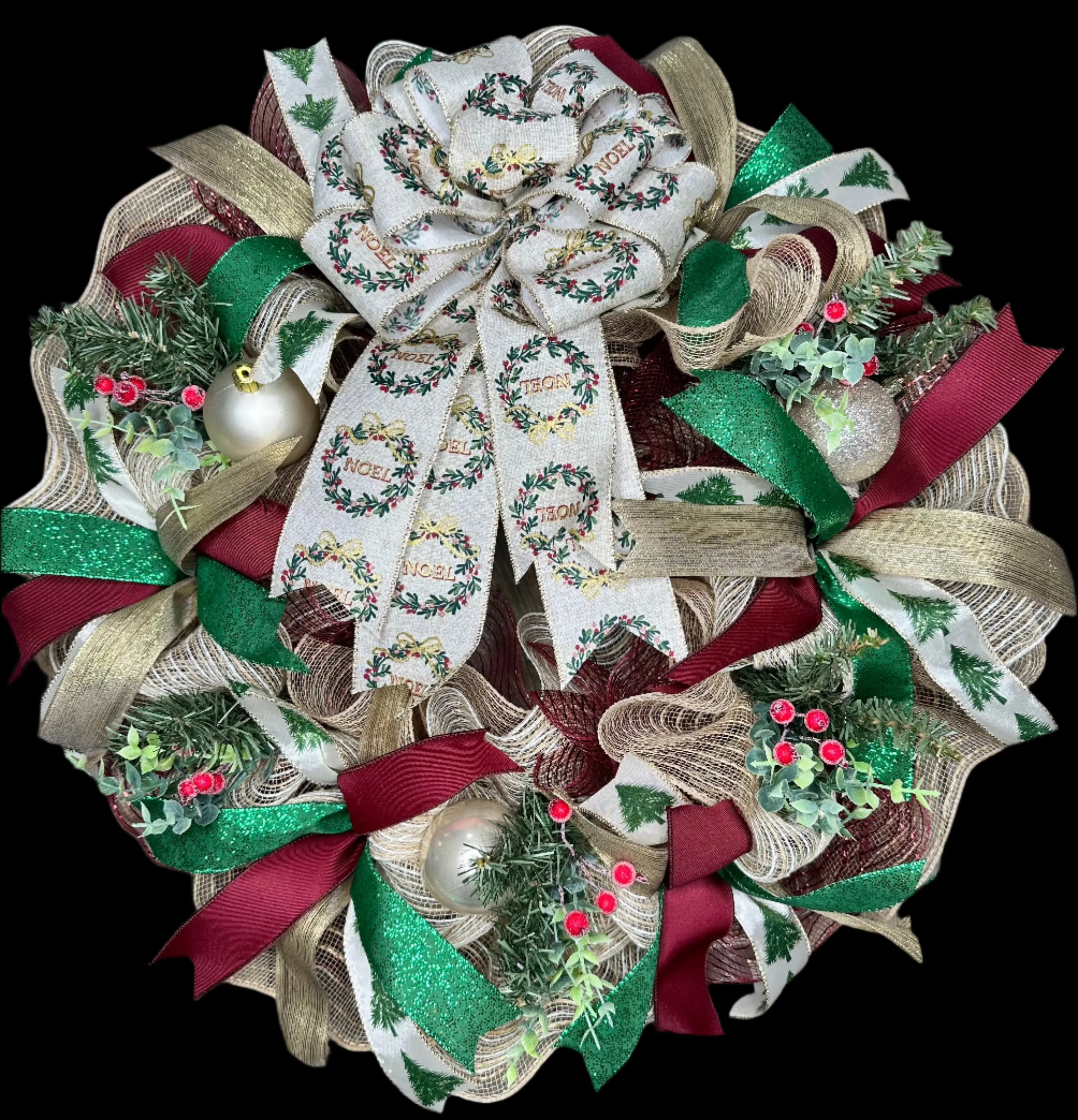 Christmas Wreath, Noel, Burgundy, Green & Gold Christmas Holiday Wreath