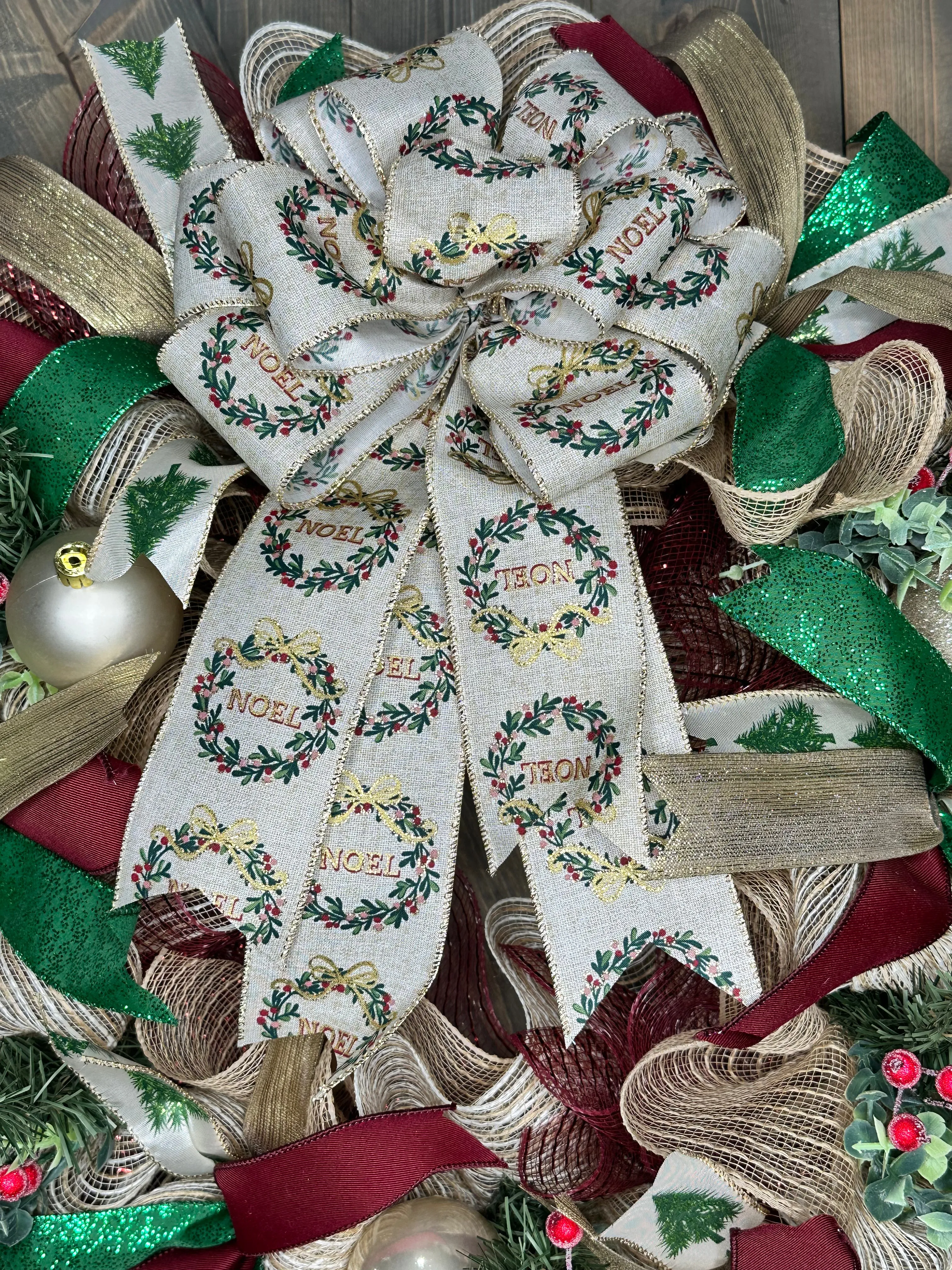 Christmas Wreath, Noel, Burgundy, Green & Gold Christmas Holiday Wreath