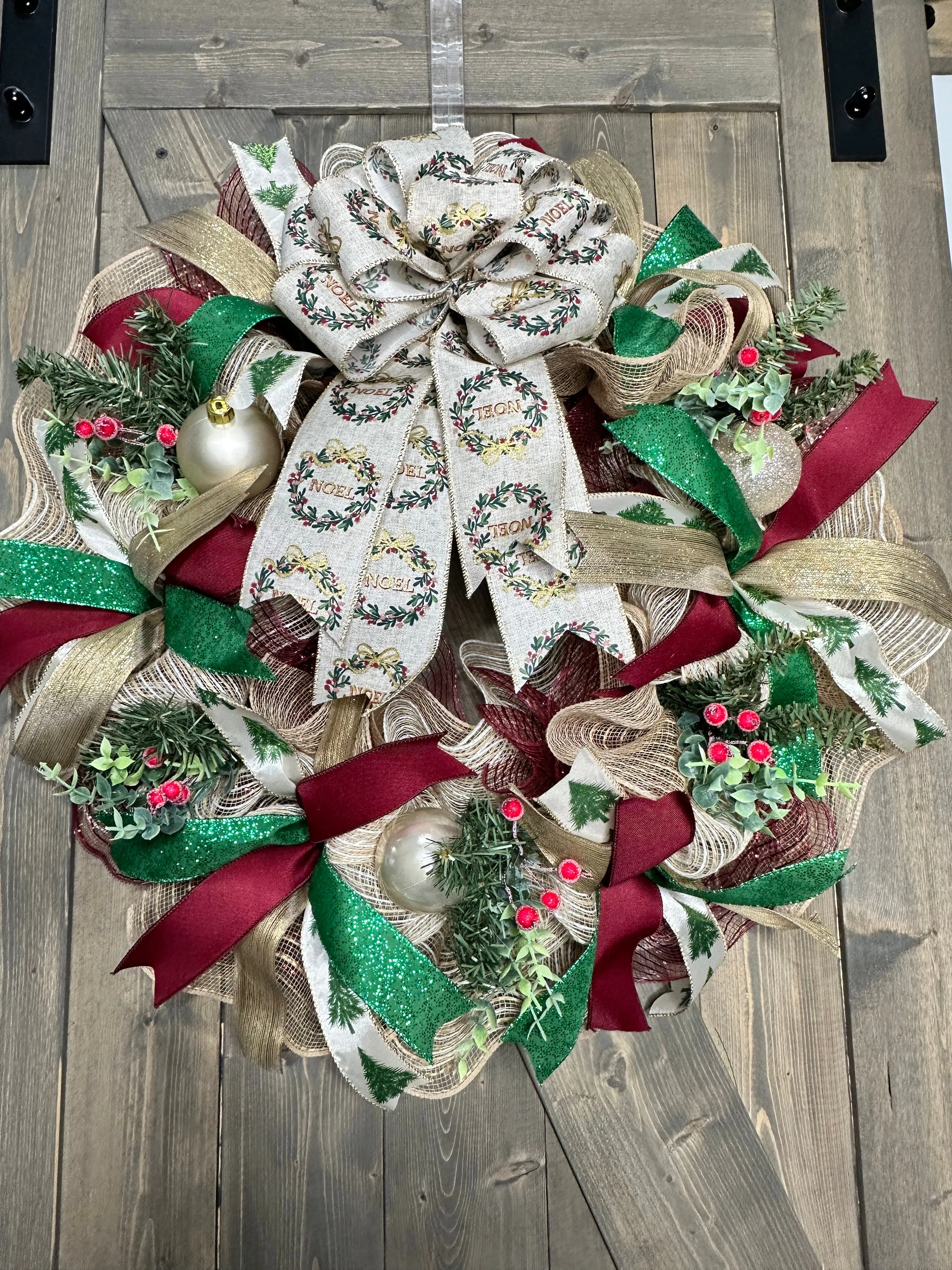 Christmas Wreath, Noel, Burgundy, Green & Gold Christmas Holiday Wreath